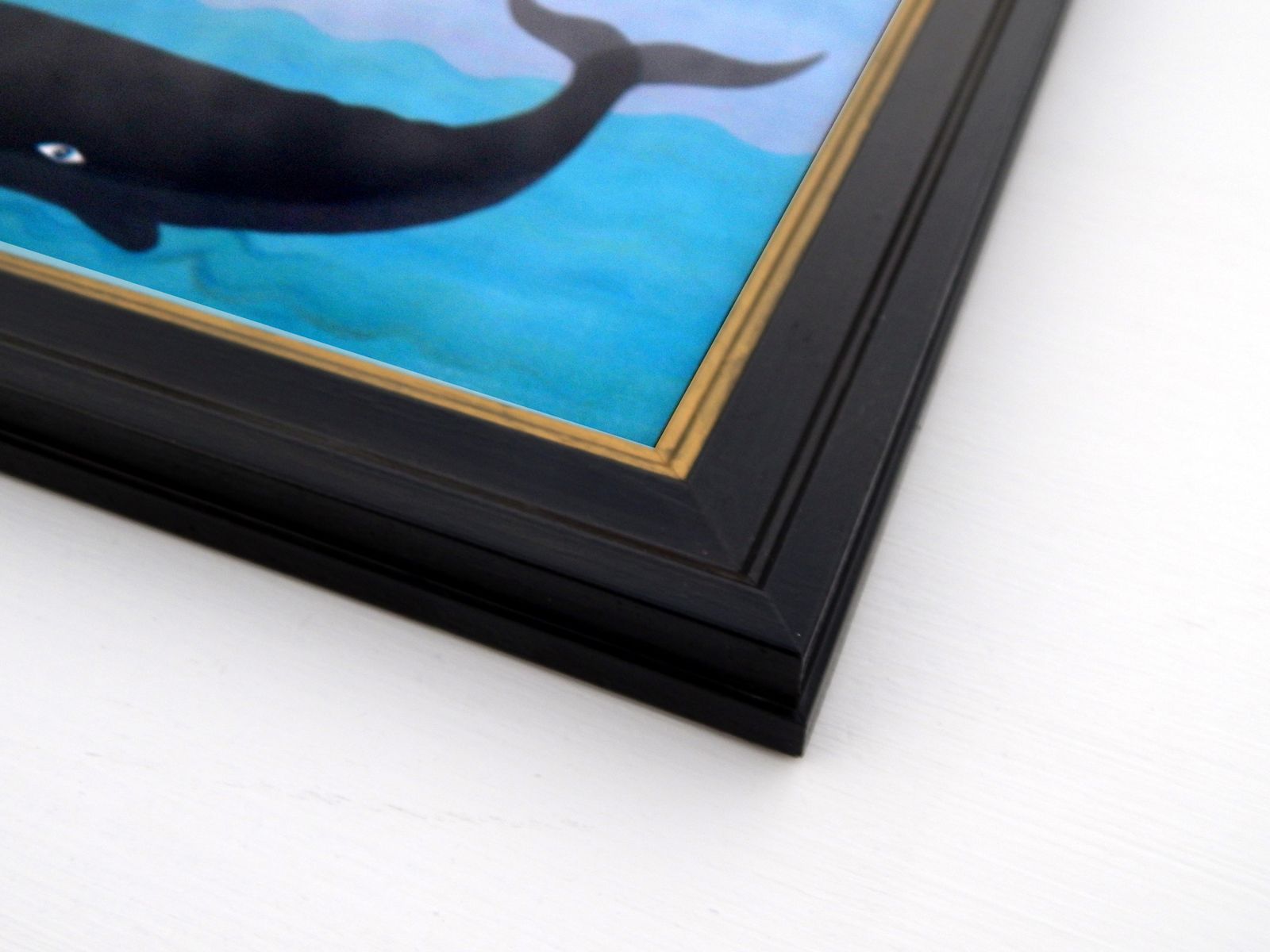 Naive Maritime Sperm Whale Folk Art Print With Early Steamship And Hand Painted Black Frame By Matt Rix photo vinterior
