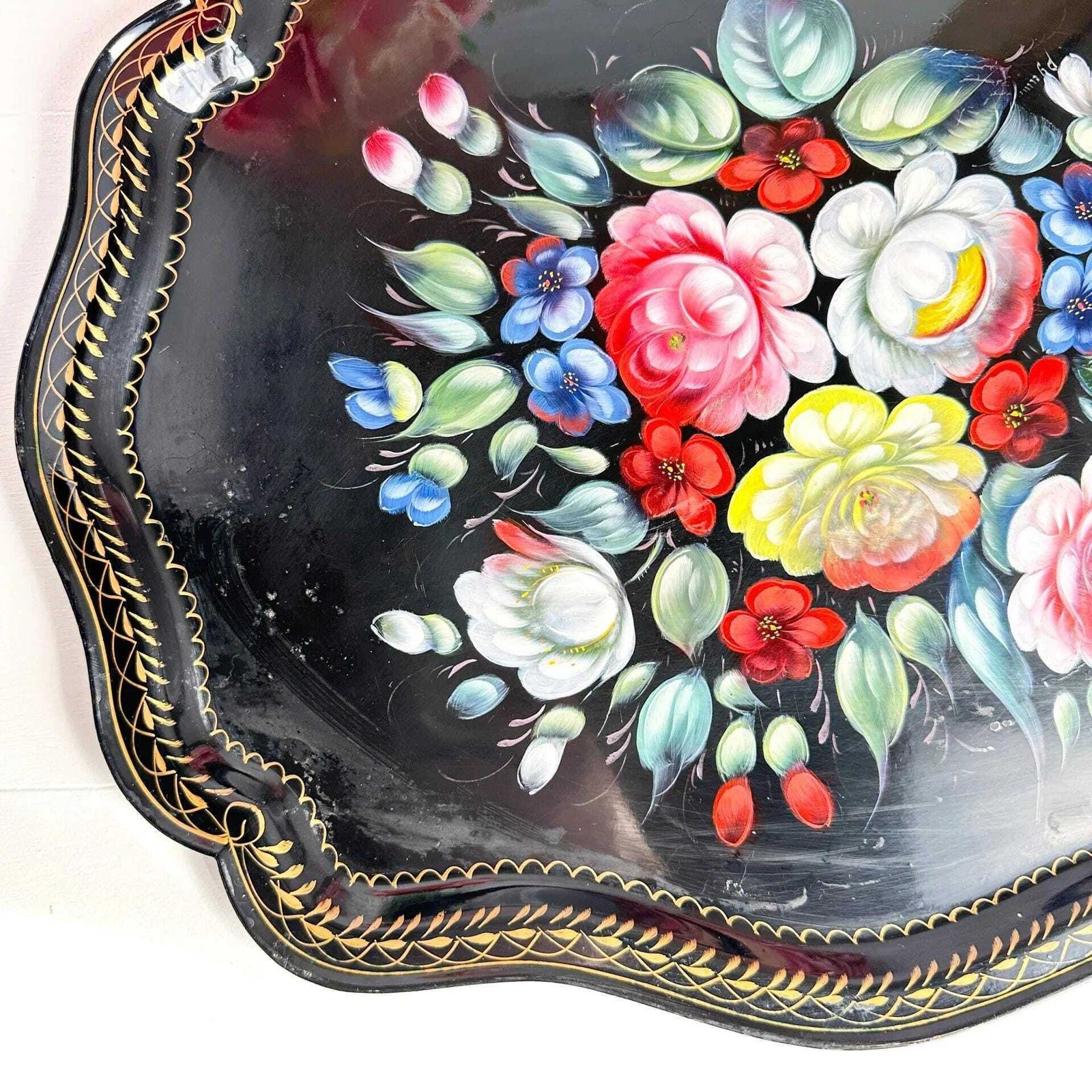 Zhostovo Folk Art Metal Tray Hand Painted Floral Vintage photo for sale