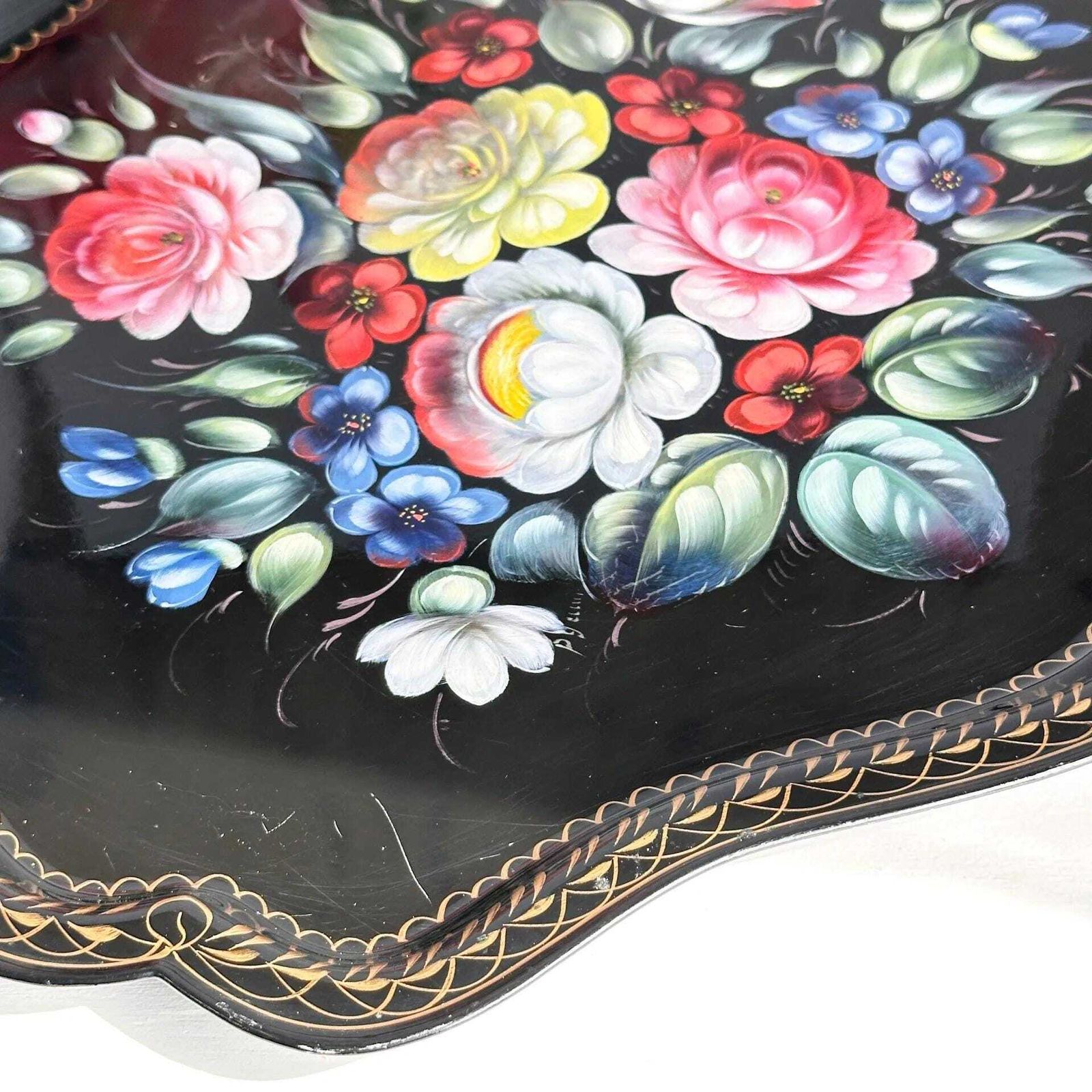 Zhostovo Folk Art Metal Tray Hand Painted Floral Vintage photo buy