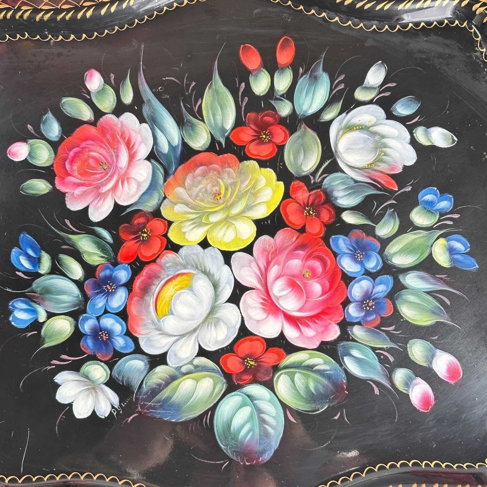 Home Decor Zhostovo Folk Art Metal Tray Hand Painted Floral Vintage photo