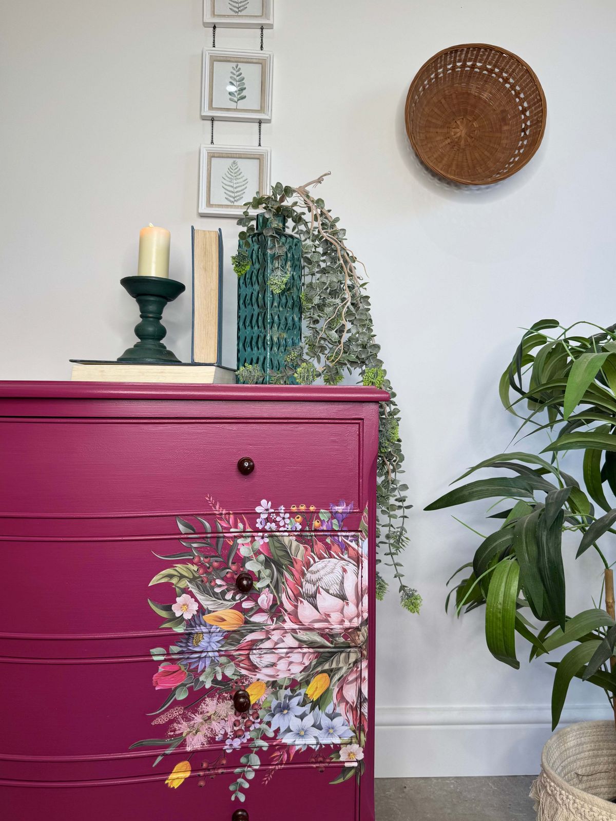 Bright Pink And Floral Vintage Bow Fronted Chest Of Drawers photo for sale