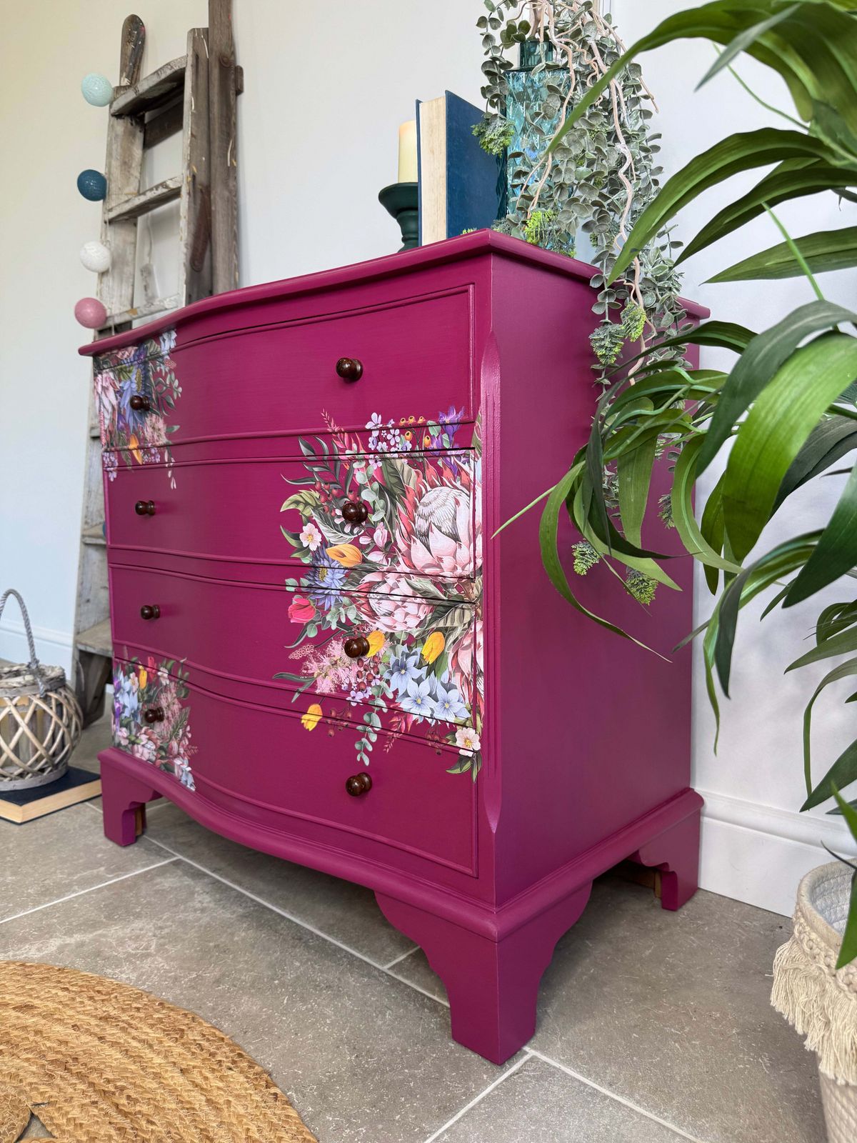 Bright Pink And Floral Vintage Bow Fronted Chest Of Drawers photo Furniture