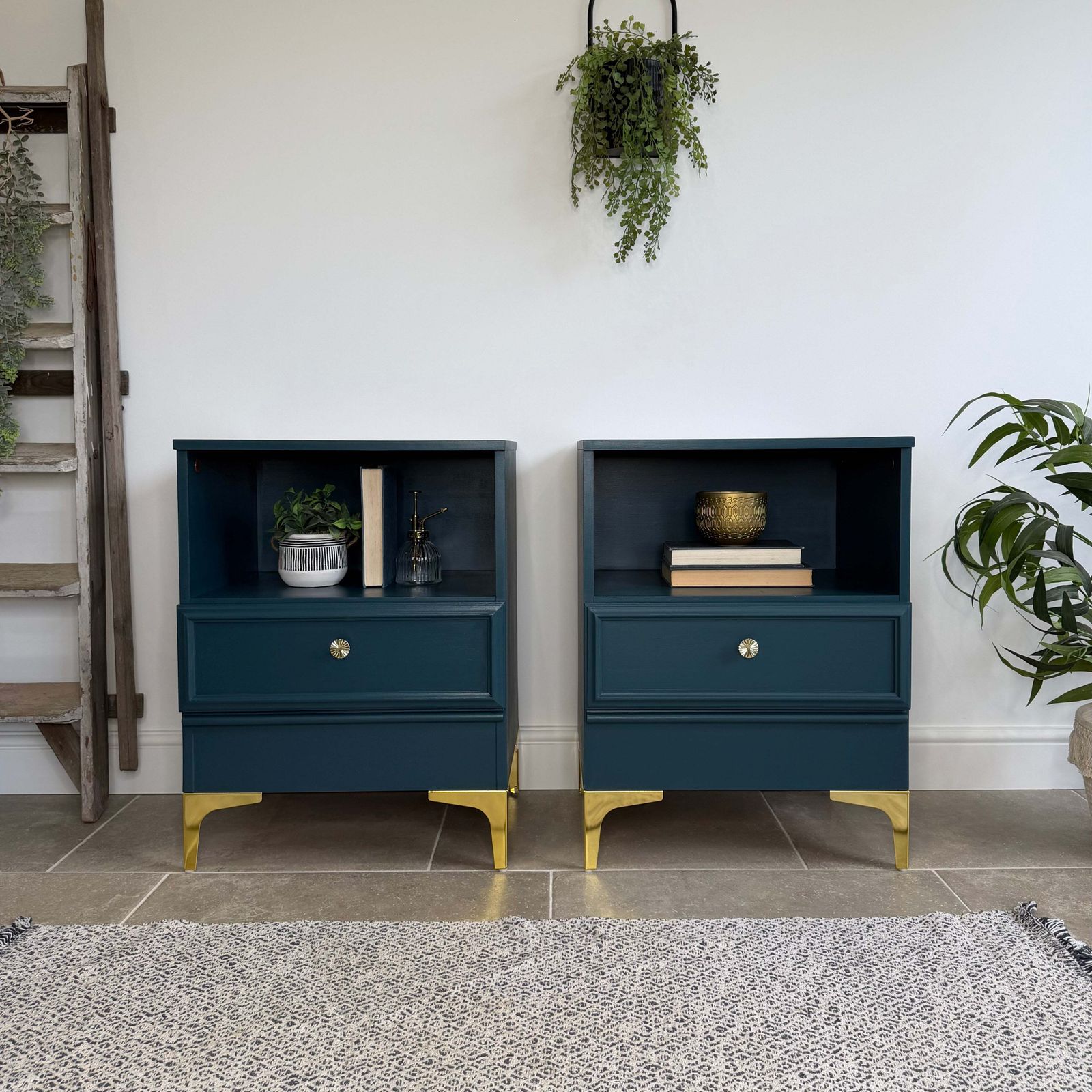 Modern Retro Style Pair Of Matching Bedside Tables Painted Blue And Gold