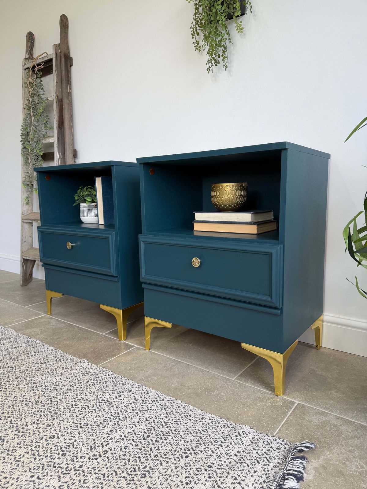 Modern Retro Style Pair Of Matching Bedside Tables Painted Blue And Gold photo furniture