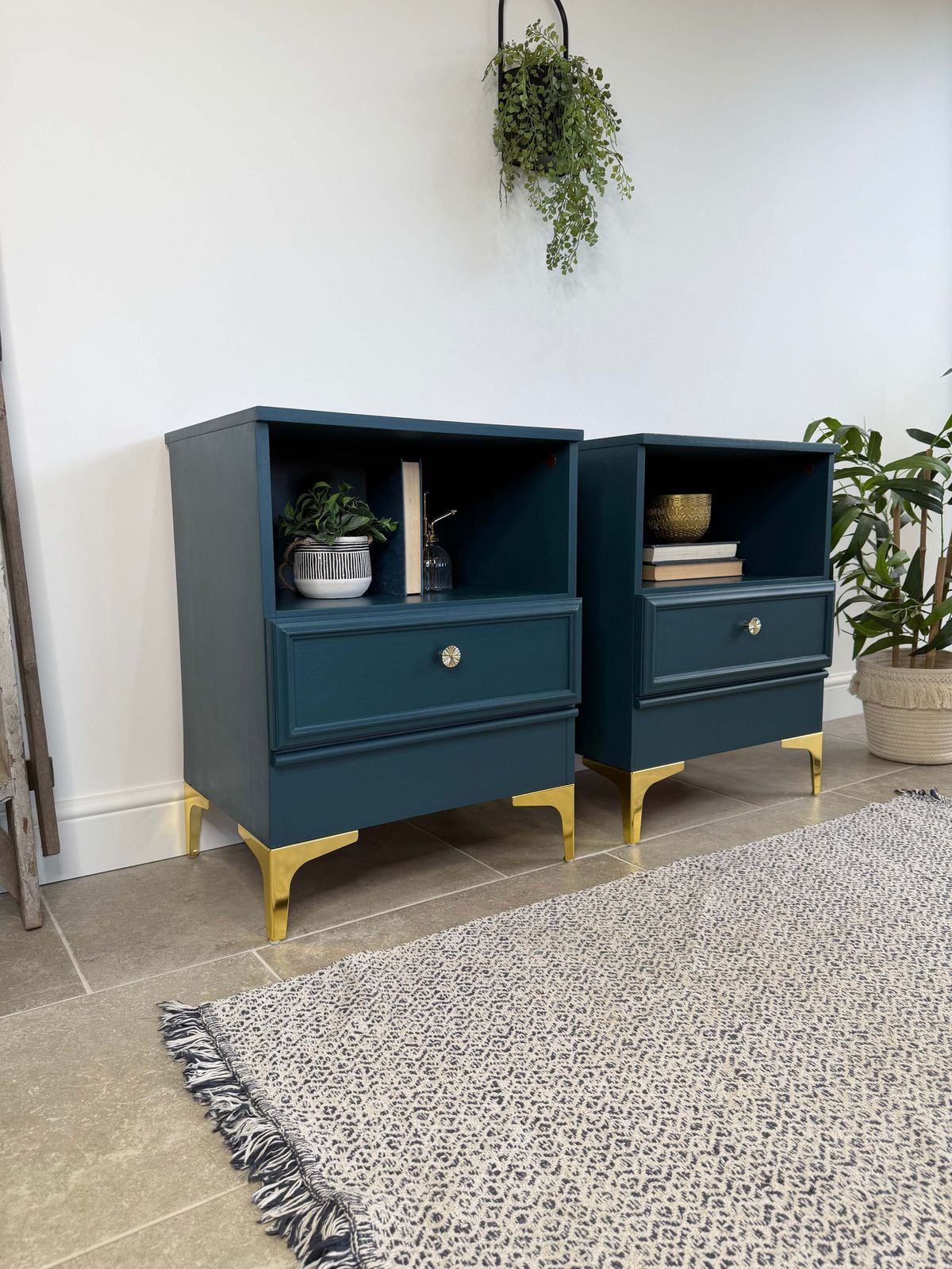 Modern Retro Style Pair Of Matching Bedside Tables Painted Blue And Gold photo 375.0