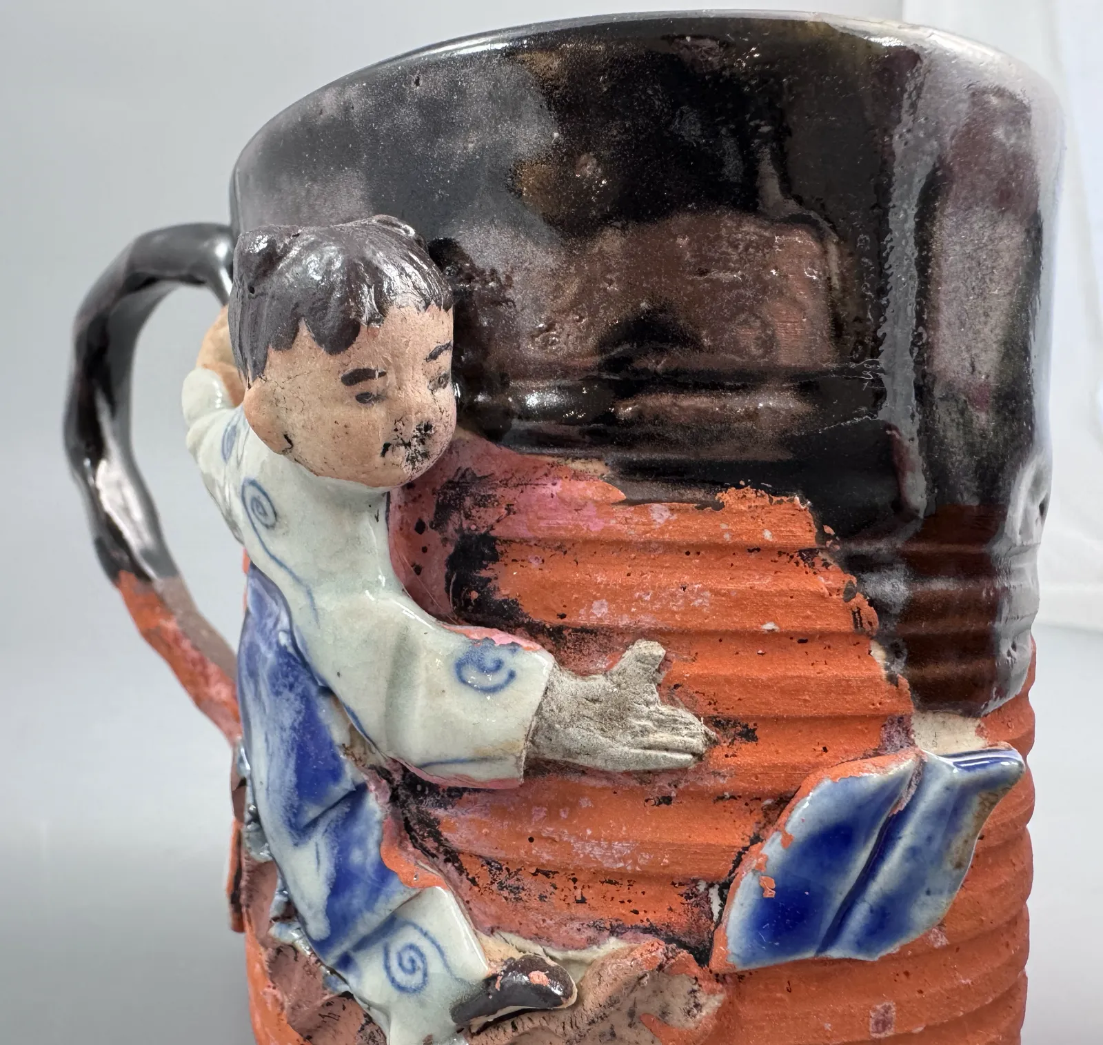 photo for sale Japanese Sumida Gawa Mug With Applied Karako Figure, Signed Kōko — Meiji / Early Taishō Period