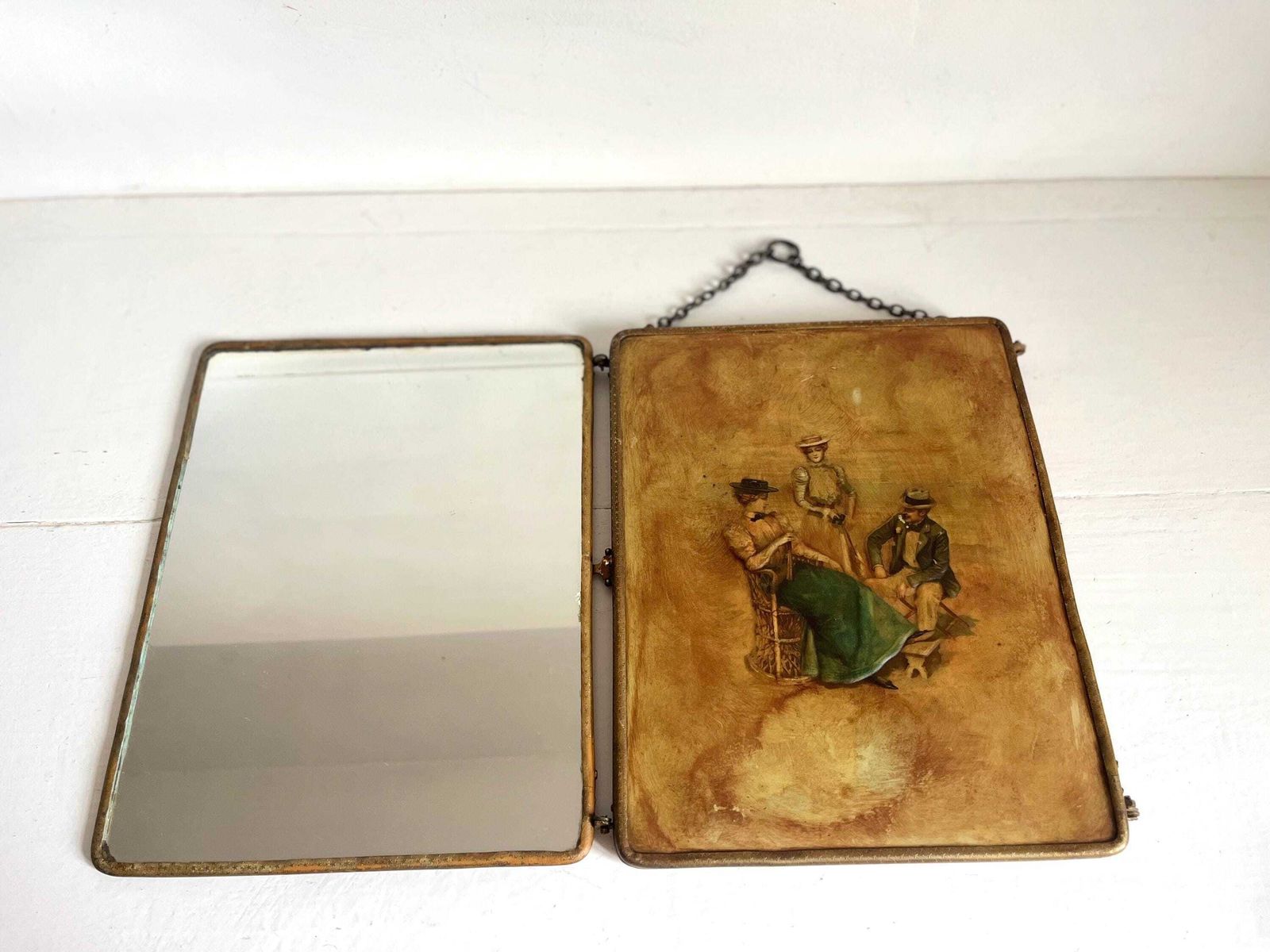 Miroir triptyque d'époque français, métal peint et cuir bordeaux photo 204.0