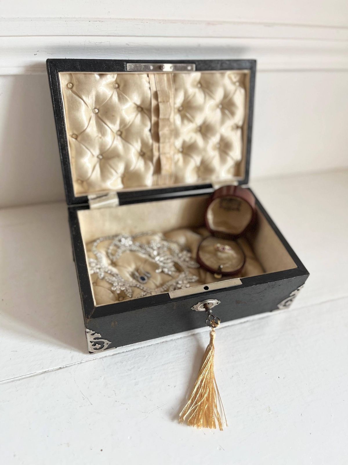 Antique French Jewelry Box,Tufted Silk, Victoria Era