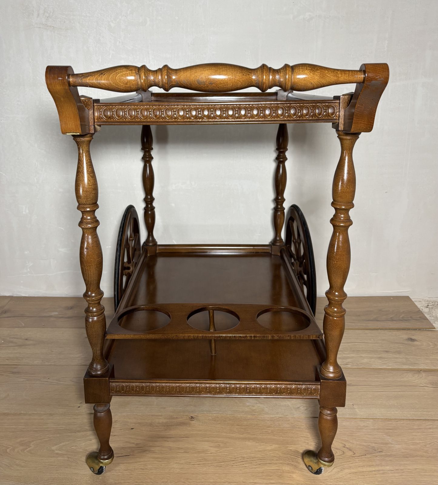 Spanish Mid Century Wooden Bar Cart With Turned Legs And Bottle Holder photo 1450.0