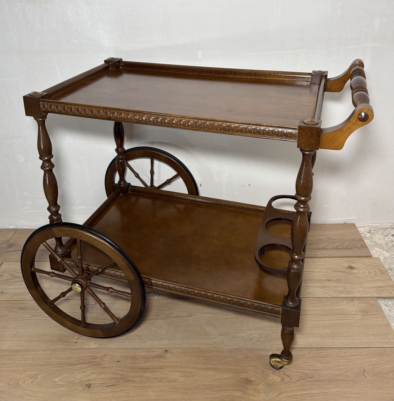 photo furniture Spanish Mid Century Wooden Bar Cart With Turned Legs And Bottle Holder