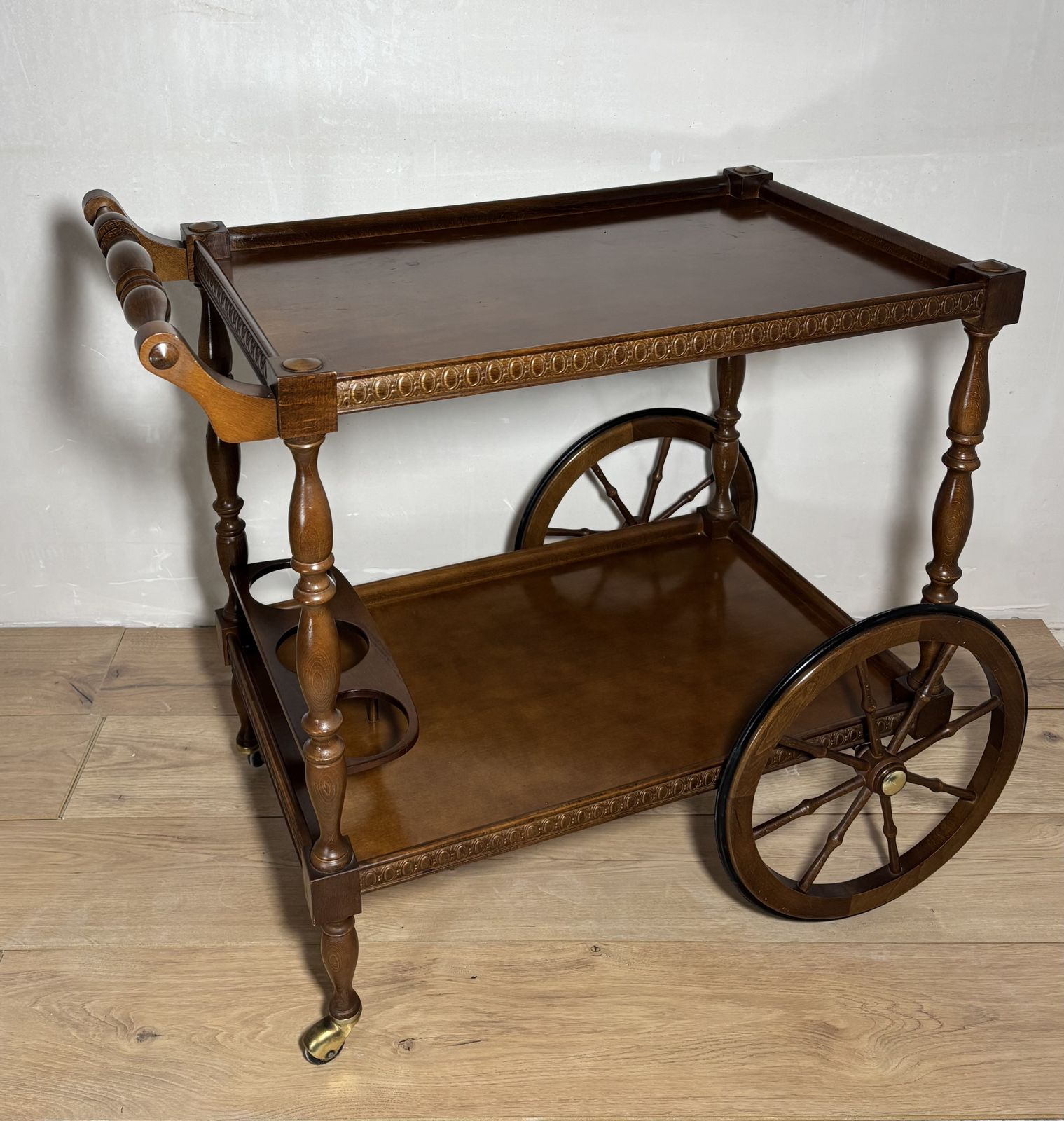 photo for sale Spanish Mid Century Wooden Bar Cart With Turned Legs And Bottle Holder