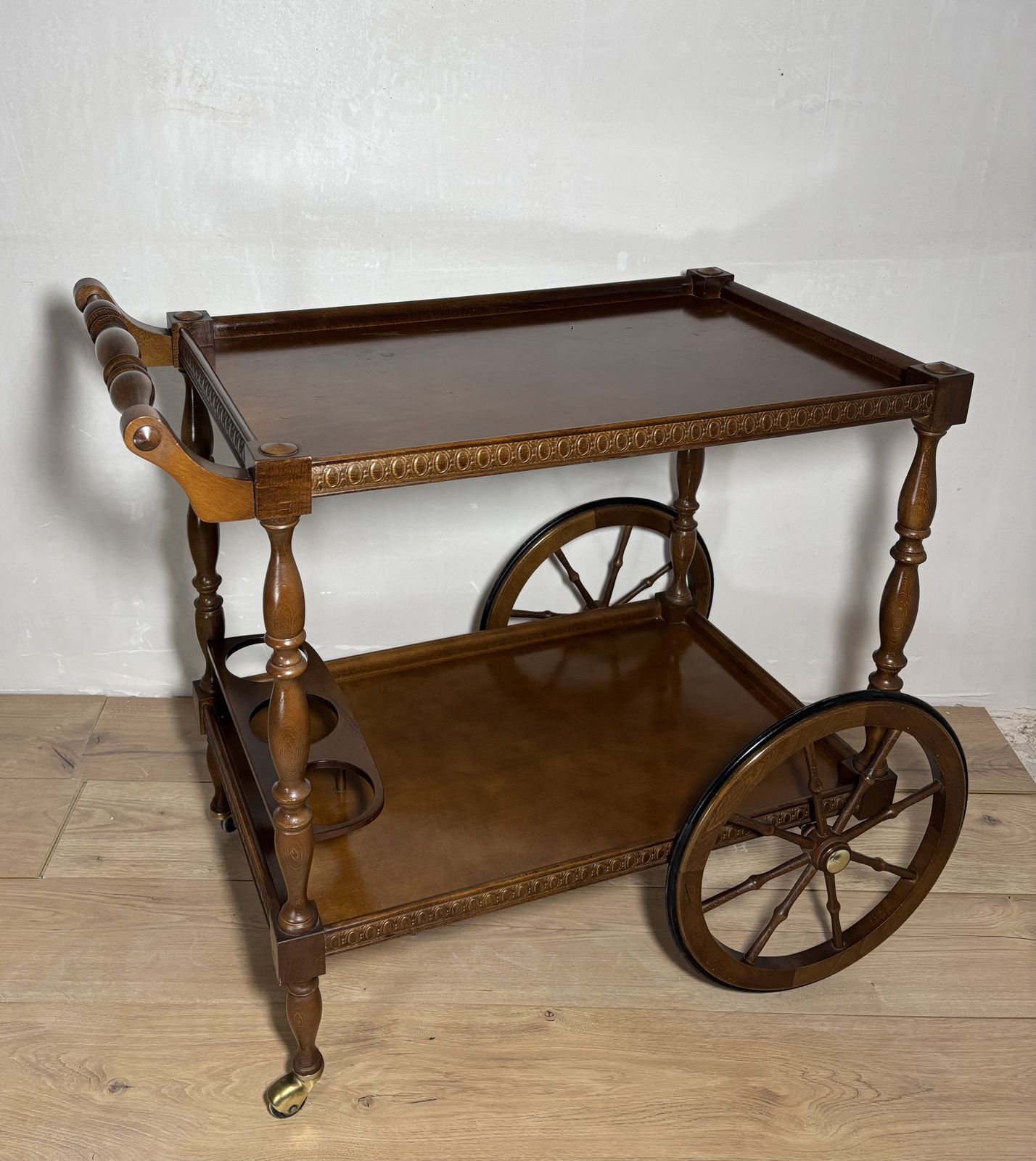 Furniture Spanish Mid Century Wooden Bar Cart With Turned Legs And Bottle Holder photo