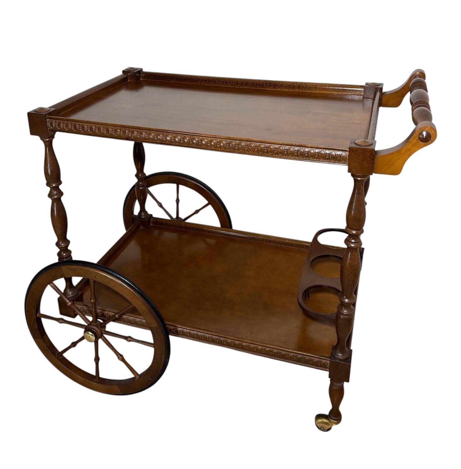 Spanish Mid Century Wooden Bar Cart With Turned Legs And Bottle Holder