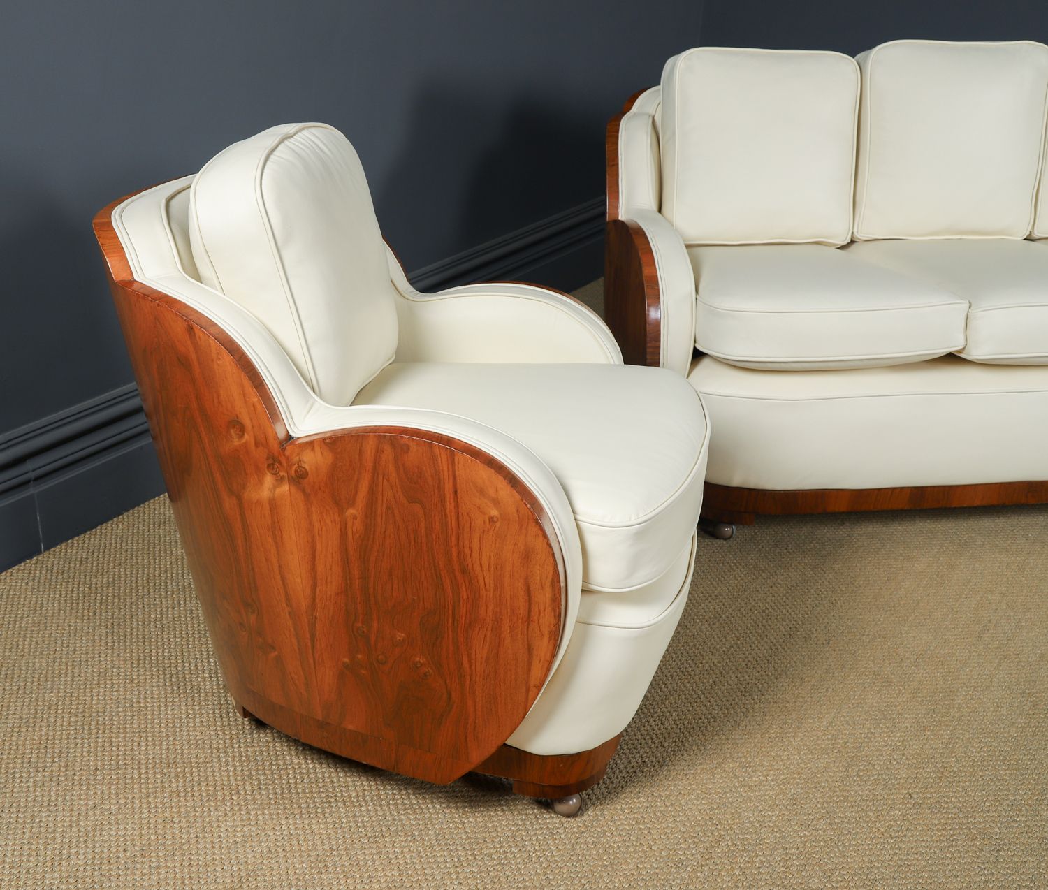 English Art Deco Three Piece Walnut & Leather Cloud Shape   Pair Of Armchairs & Sofa Couch (Circa 1930) photo for sale