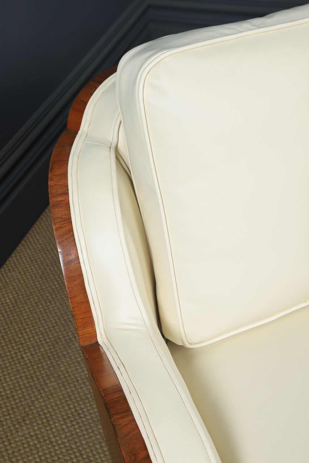 photo furniture English Art Deco Three Piece Walnut & Leather Cloud Shape   Pair Of Armchairs & Sofa Couch (Circa 1930)