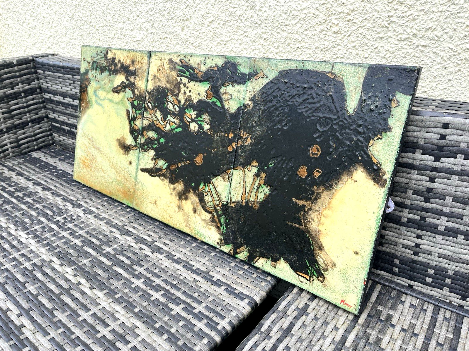 Large Vintage 60's Abstract Triptych Panel Painting Mid Century Modern Brutalist photo buy