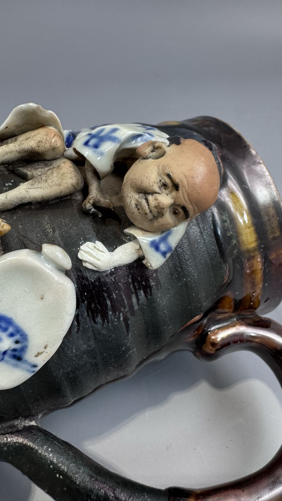 Art Large Sumida Gawa Mug With Applied Sennin Figure, Signed Ryōsai — Inoue Ryōsai Workshop, Meiji / Taishō Period photo