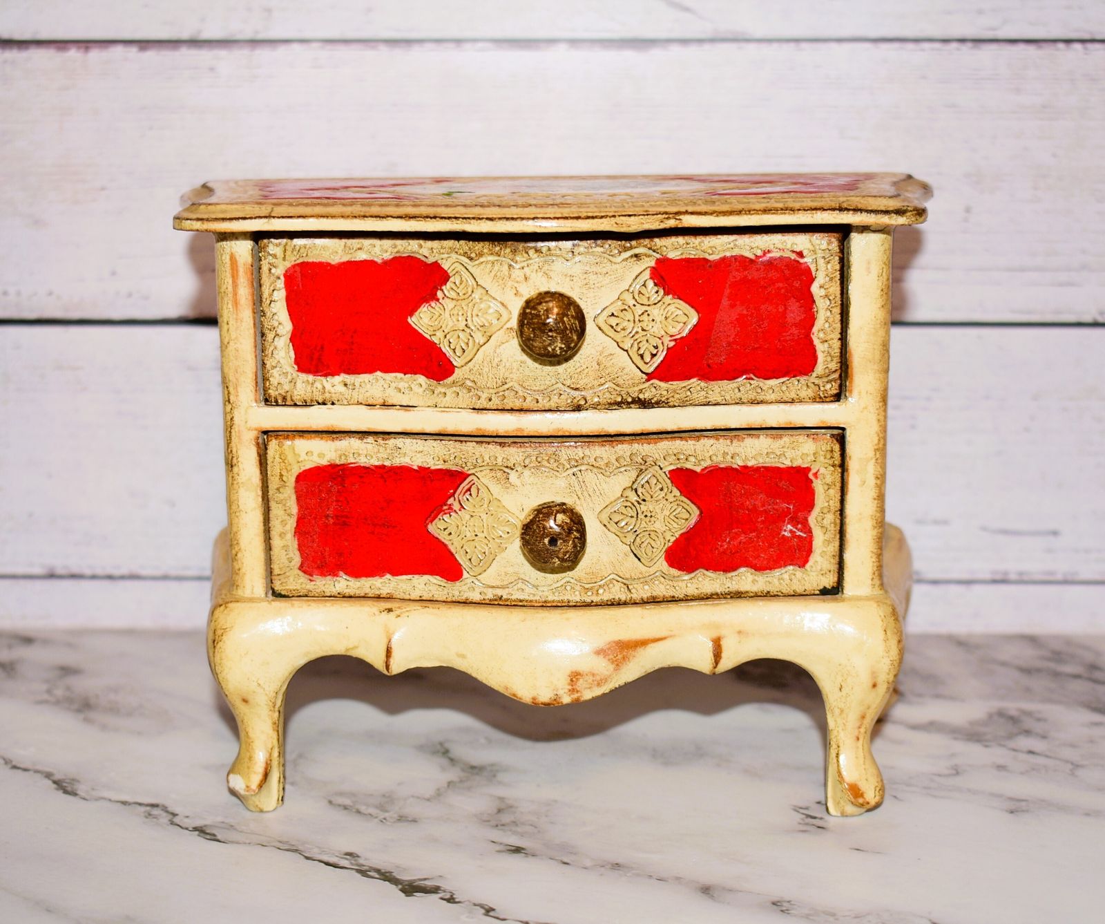 Mid Century Florentine Red & Gilt Jewelry Chest In Louis XV Style