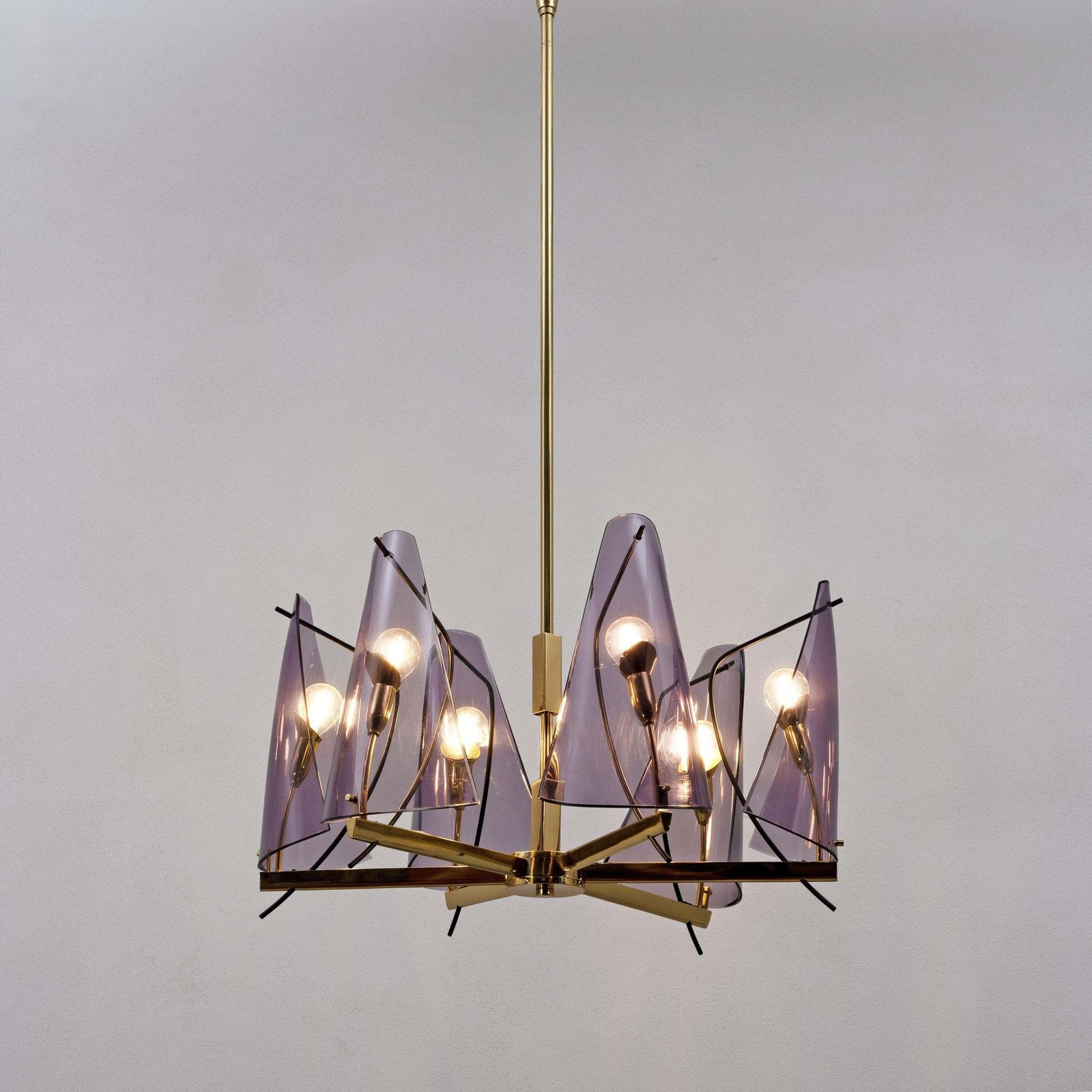Italian Mid Century Stilux Milano Chandelier In Brass And Purple Plexiglass, 70s photo 1732.0