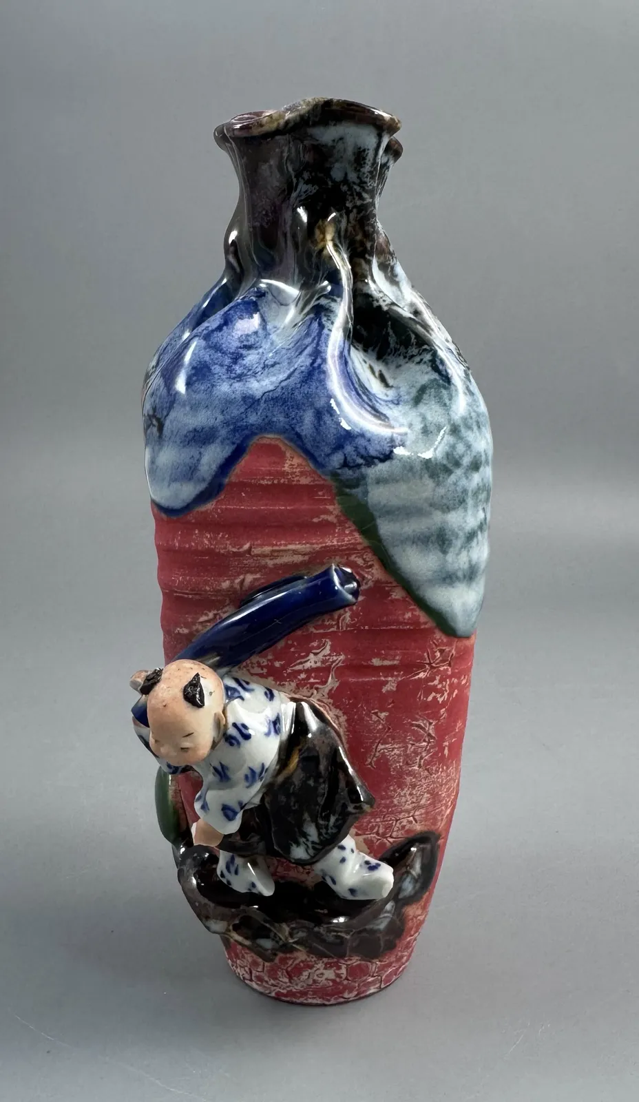 Japanese Sumida Gawa Baluster Vase With Applied Karako Figure, Signed Kōko — Meiji / Early Taishō Period