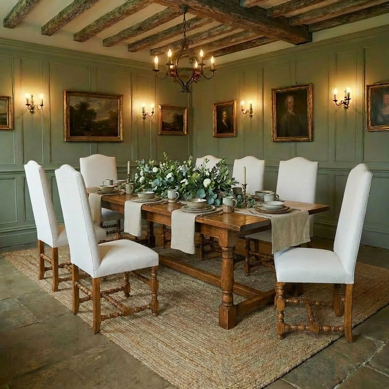 English 17th Century Style Set Of Ten 10 Oak Upholstered High Back Kitchen Dining Chairs (Circa 1980) photo furniture