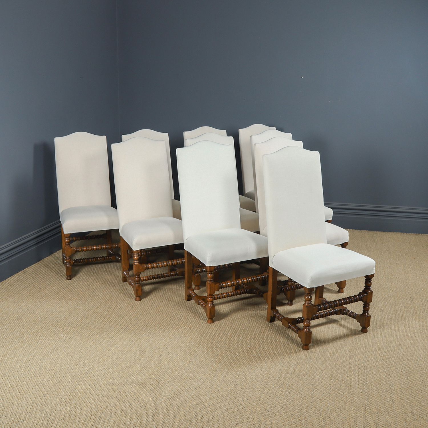 English 17th Century Style Set Of Ten 10 Oak Upholstered High Back Kitchen Dining Chairs (Circa 1980) photo for sale