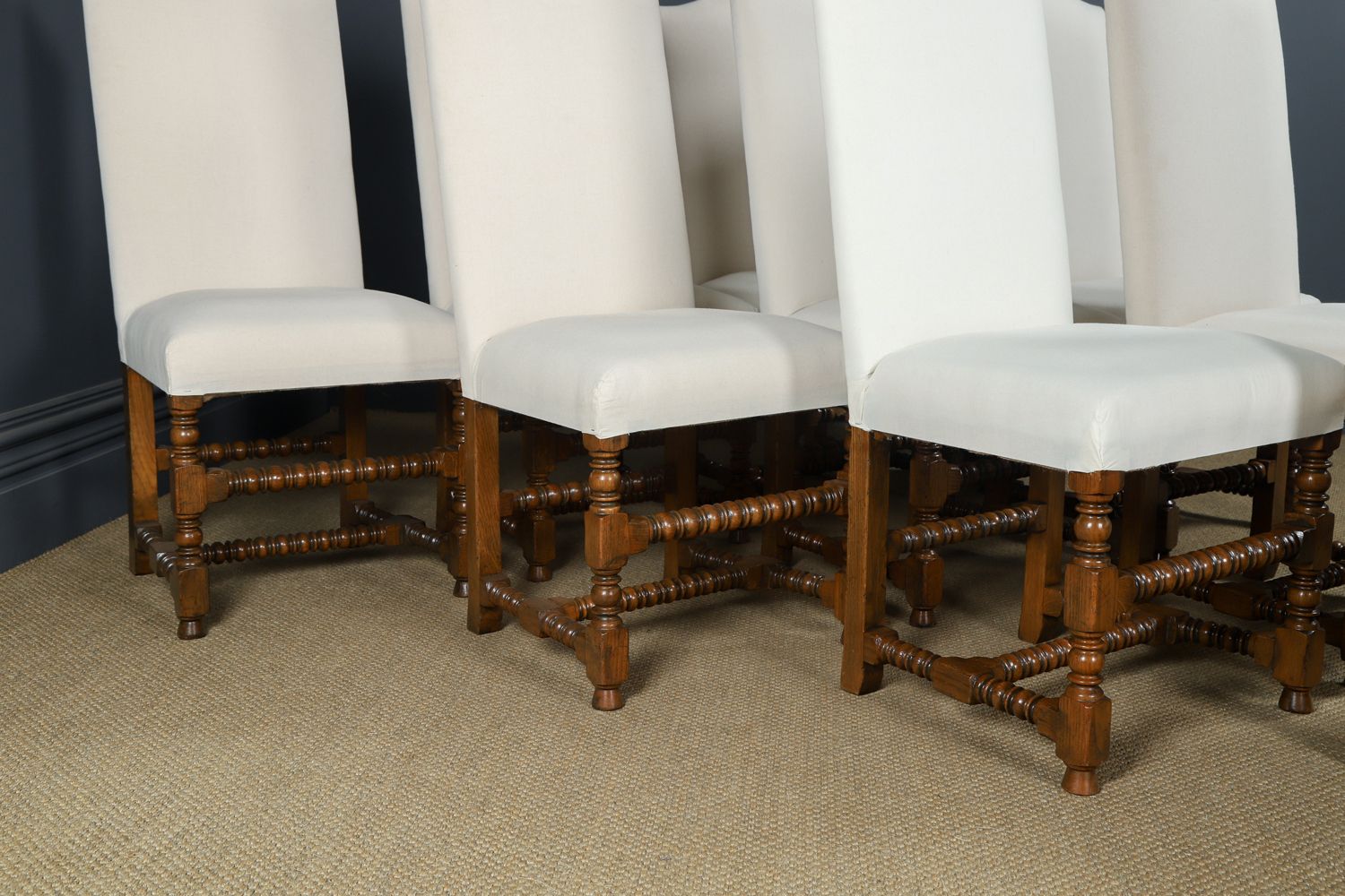 English 17th Century Style Set Of Ten 10 Oak Upholstered High Back Kitchen Dining Chairs (Circa 1980) photo vinterior