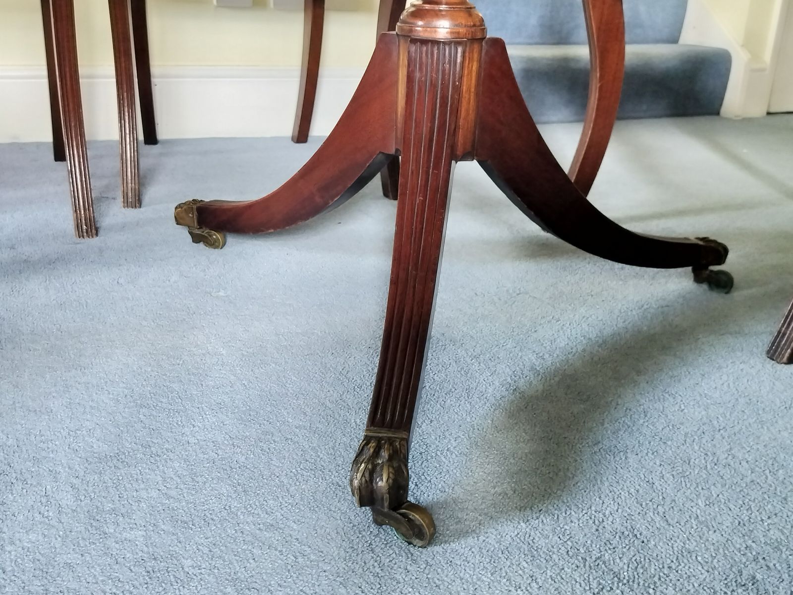 Regency Style Twin Pillar Dining Table With Removable Central Leaf.  Features Splayed Legs With Brass Castors Designed To Sit Up To 8 People.  Comes With 5 Chairs And 2 Carvers. photo furniture