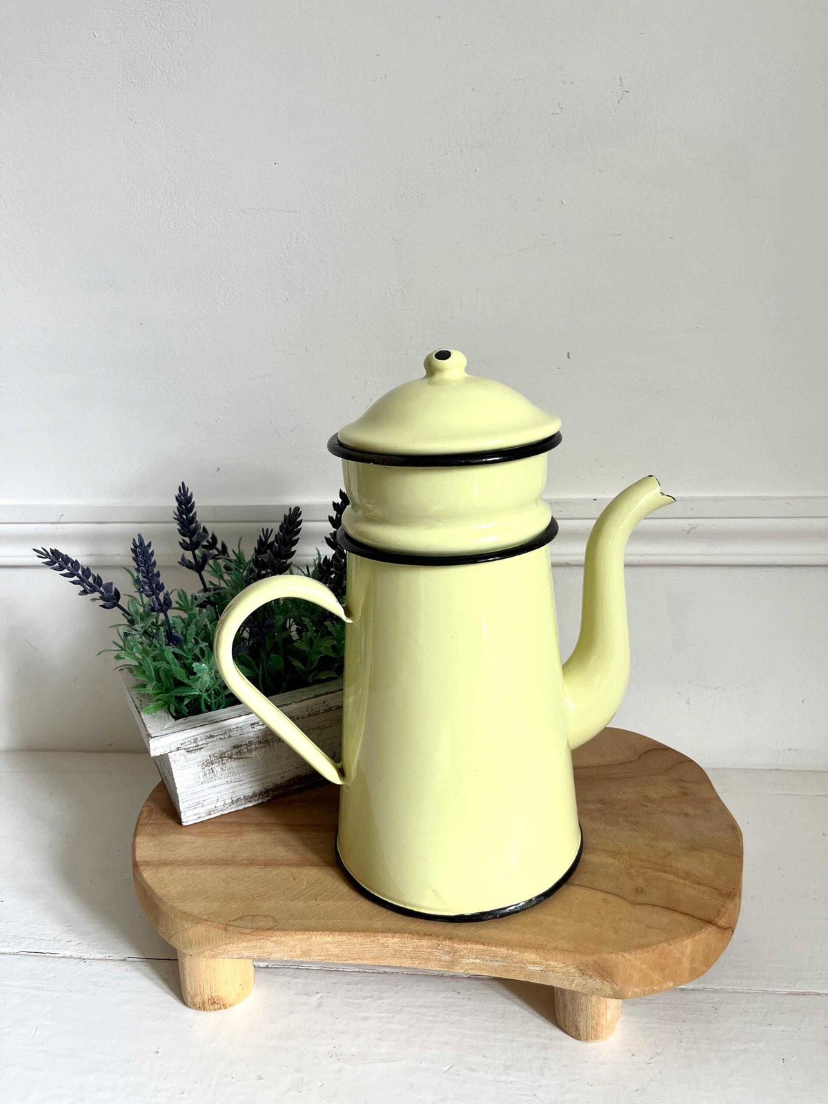 Vintage French Cream Enamel Cafetiere, Coffee Maker, Enamelware