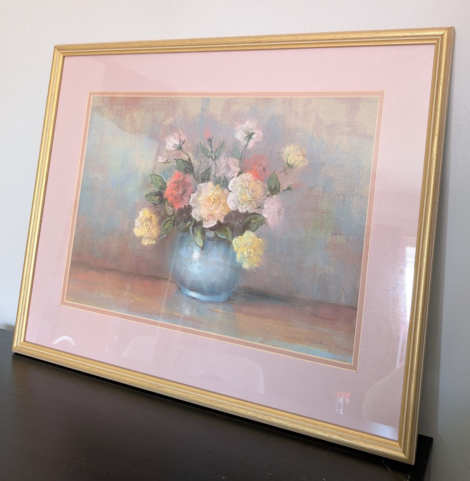David K Wilson Vintage Framed Pastel Painting Flowers photo for sale