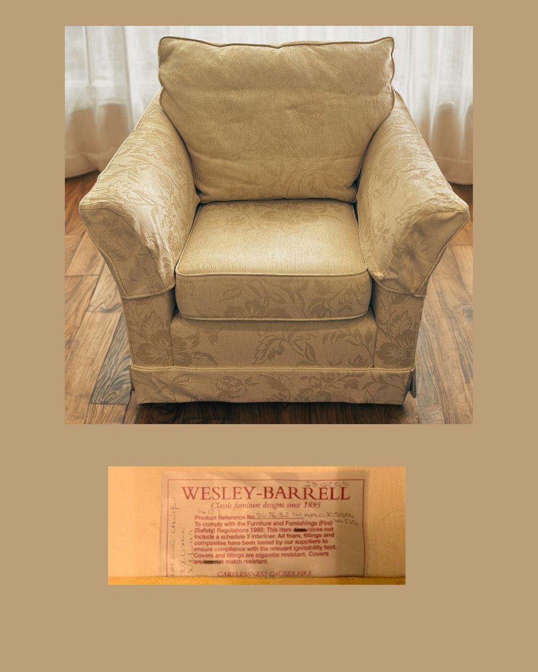 Wesley Barrell Wychwood Suite (2 Sofas + 1 Armchair) | 1990s Hand Made Hardwood Frame, Manufacturer Restored, Original Gold Damask Fabric" photo Furniture