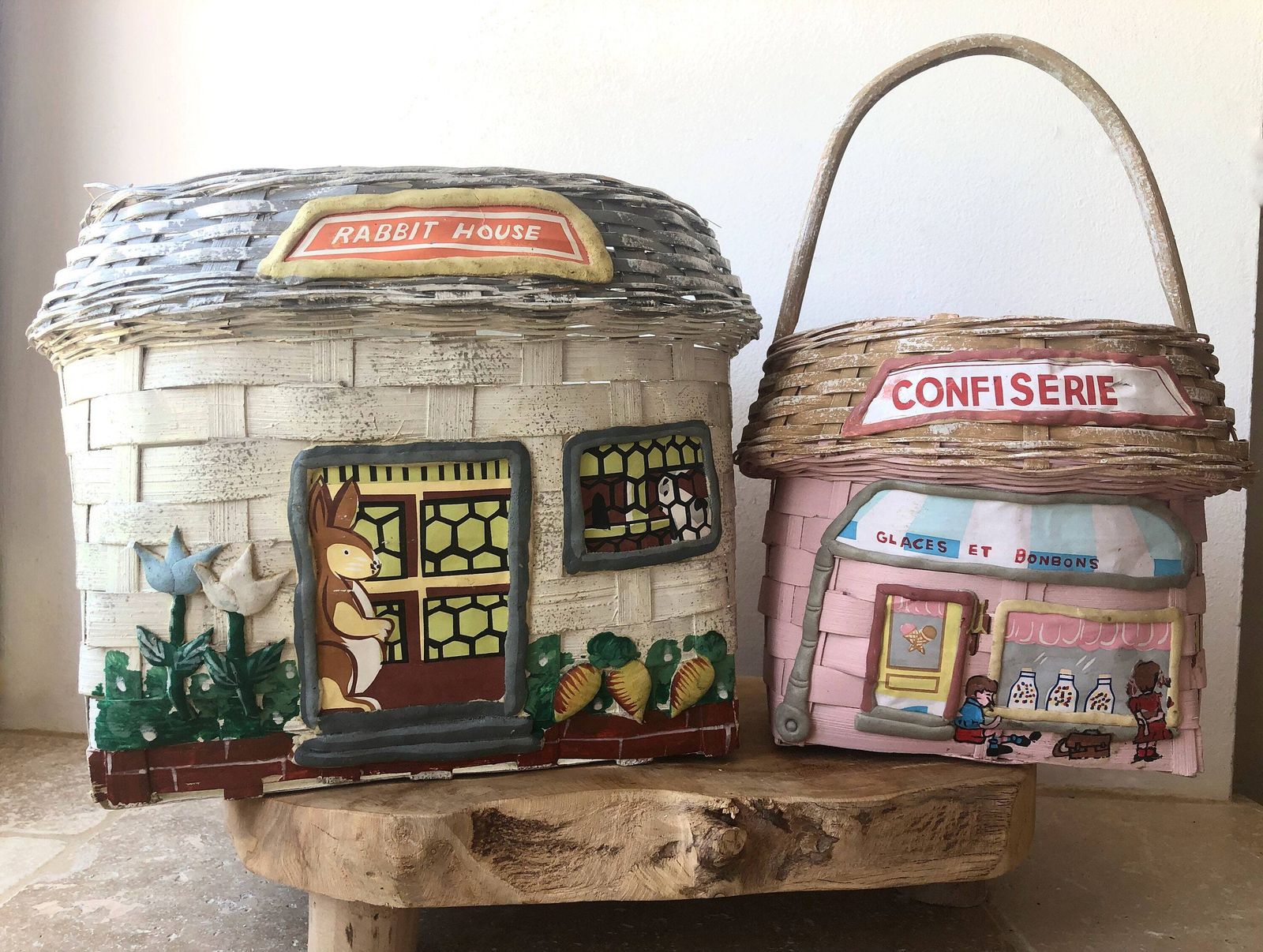 2 paniers peints à la main, paniers décoratifs