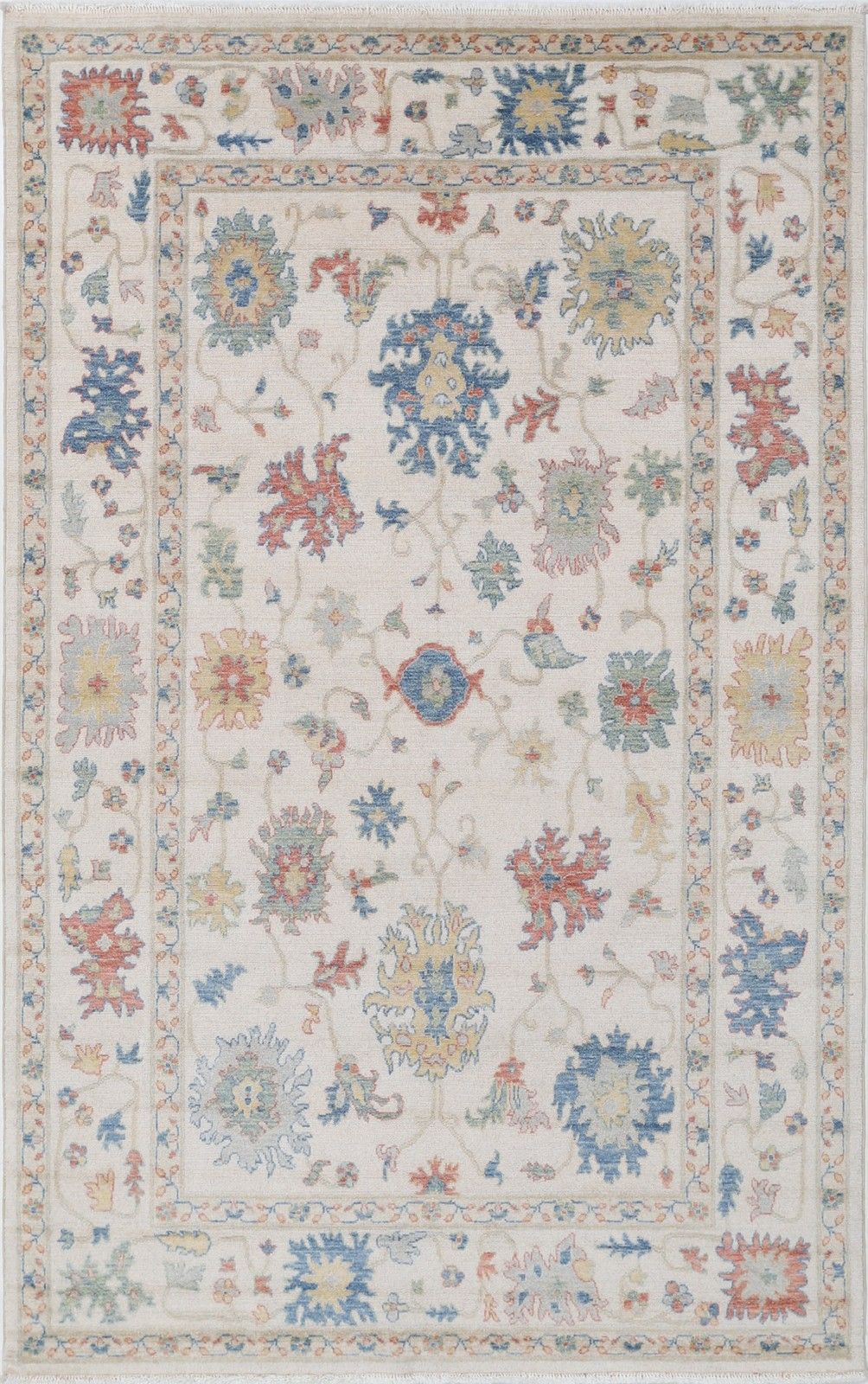 4'10"X7'10" Modern Turkish Area Rug With Floral Design, 100% Wool Oushak Carpet