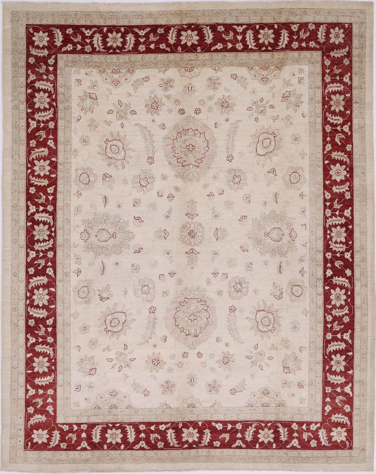 Tapis floral noué à la main 9 x 11,3 ft, ivoire et rouge, tapis traditionnel