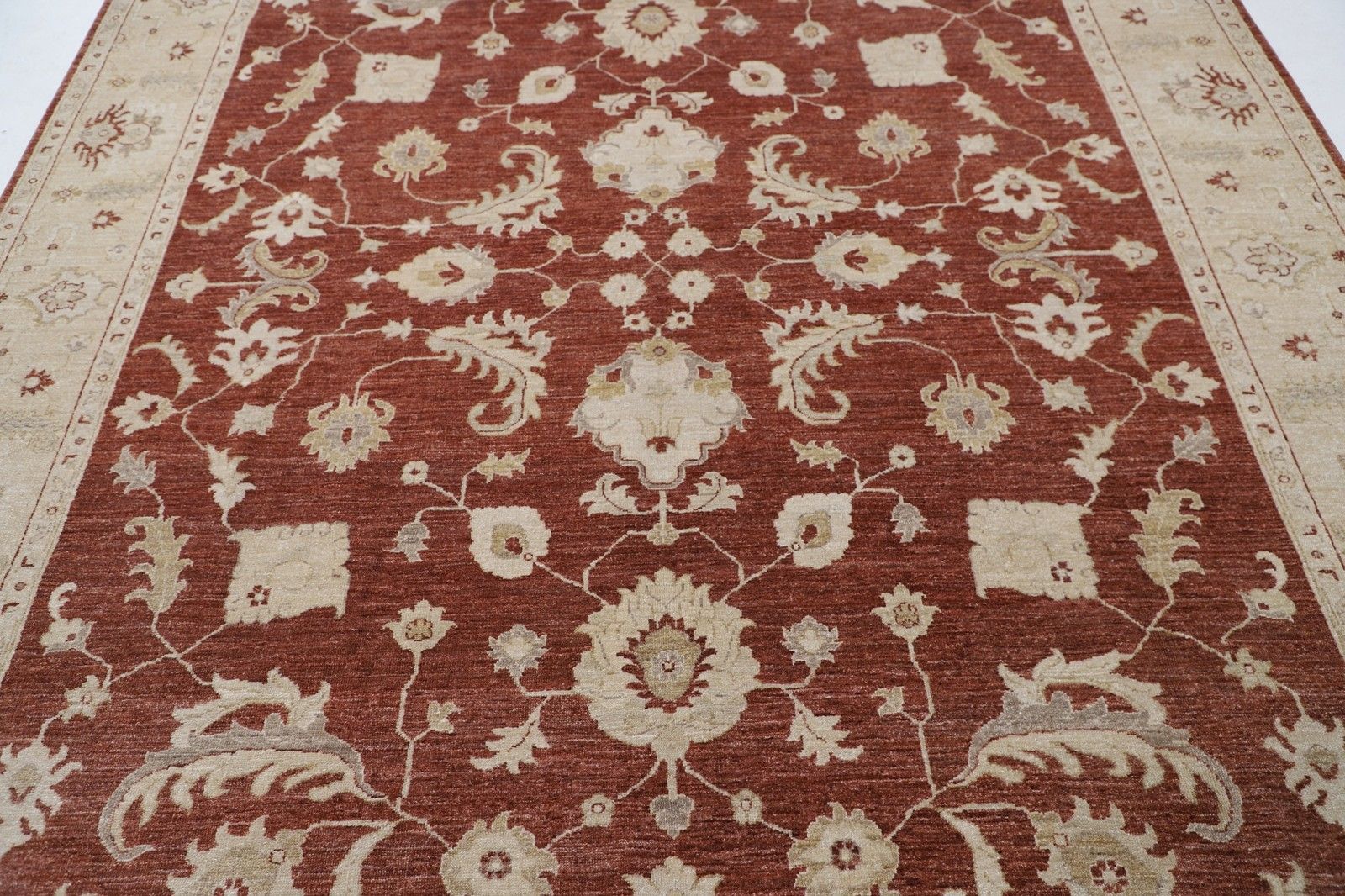 7.8x9.7 Ft Hand Knotted Floral Turkish Area Rug With Red Field And Beige Border photo for sale