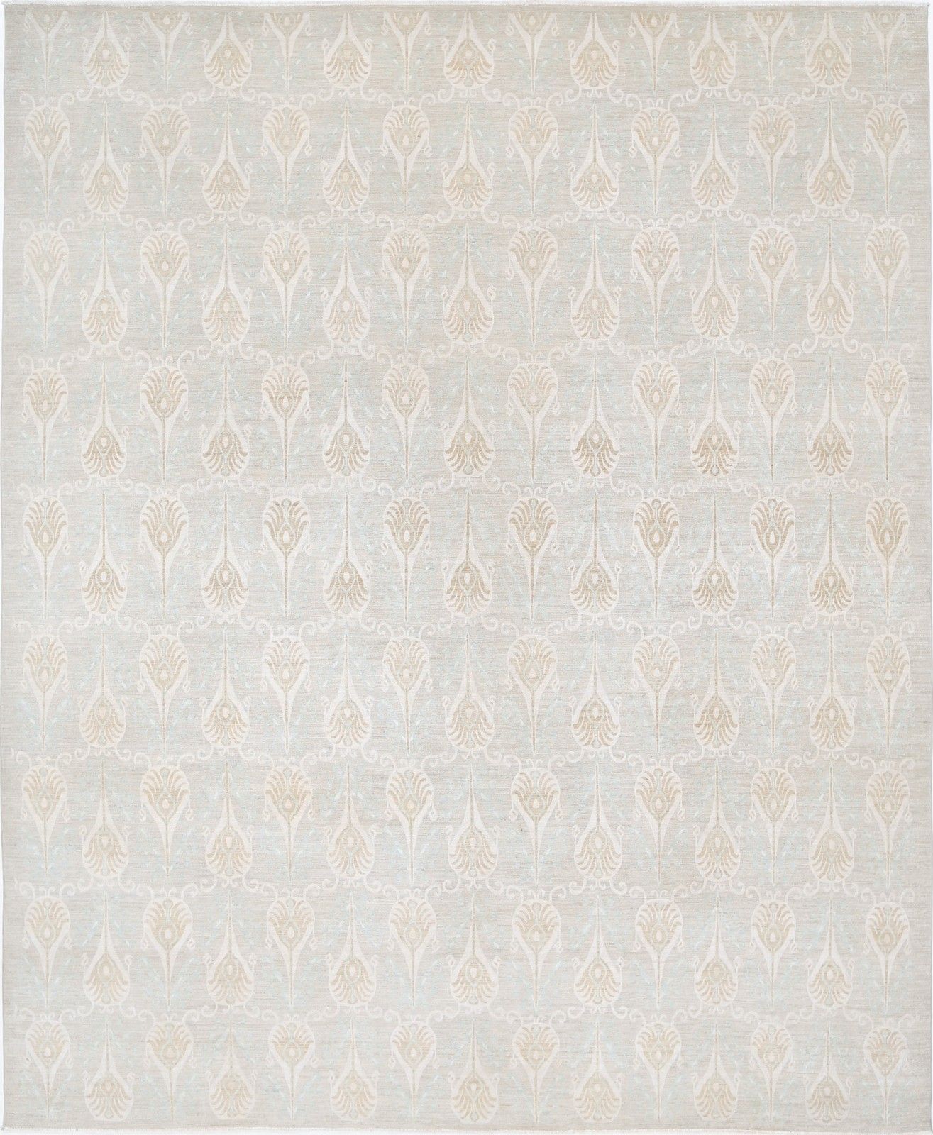 11.7x14.6 Ft Handknotted Beige Large Area Rug. Repeating Ornamental Motif Carpet