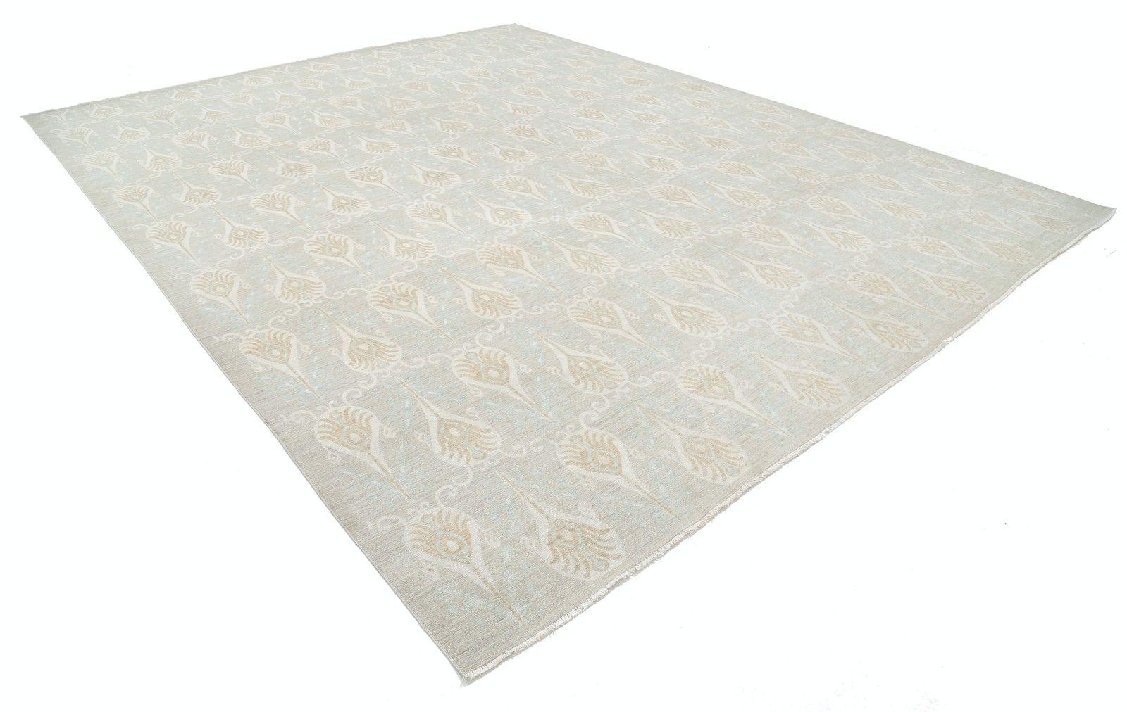 11,7x14,6 ft handgeknoopt beige groot vloerkleed, herhalend ornamenteel motief photo furniture