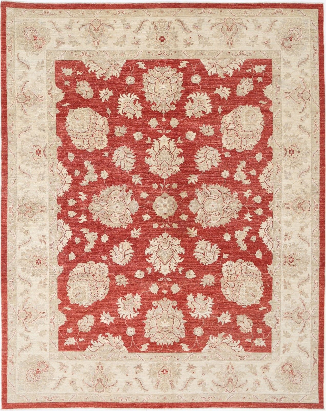 Handgeknoopt Turks Vloerkleed met Bloemmotief, Rood Veld en Ivoren Rand, 242 x 300 cm
