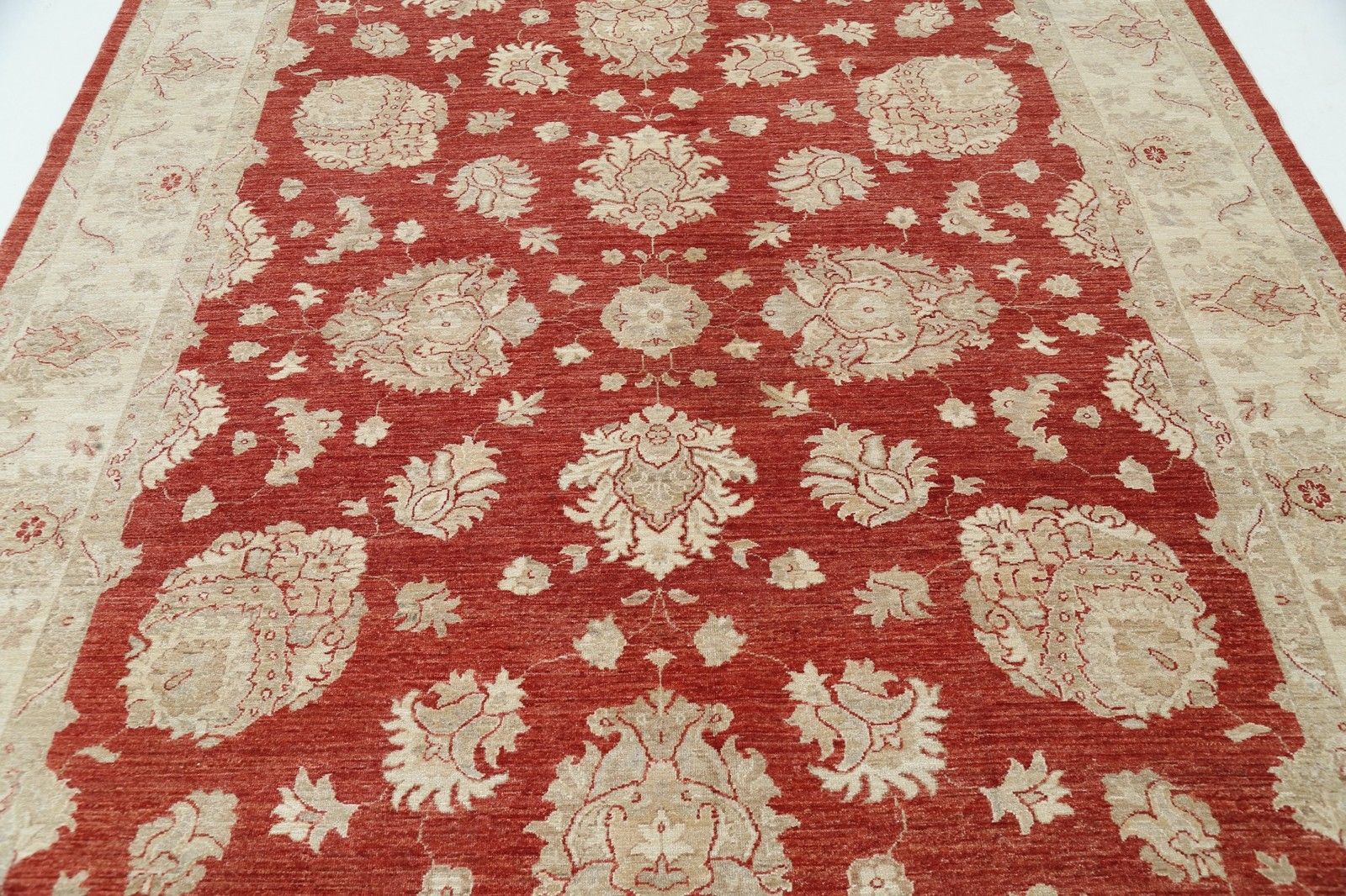 Handgeknoopt Turks Vloerkleed met Bloemmotief, Rood Veld en Ivoren Rand, 242 x 300 cm photo 3908.0