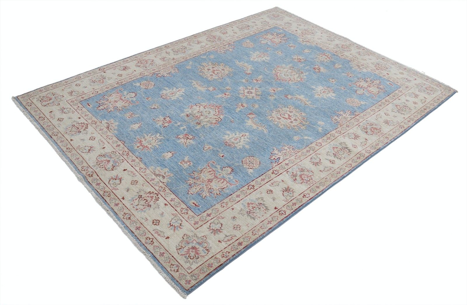 5x6,6 ft handgeknoopt bloemmotief Turks vloerkleed met blauw veld en ivoren rand photo furniture