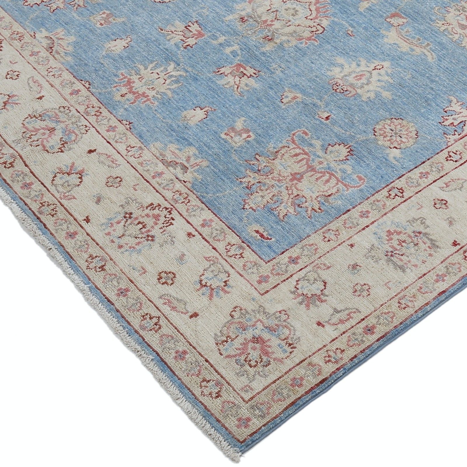 5x6.6 Ft Hand Knotted Floral Turkish Area Rug With Blue Field And Ivory Border photo vinterior