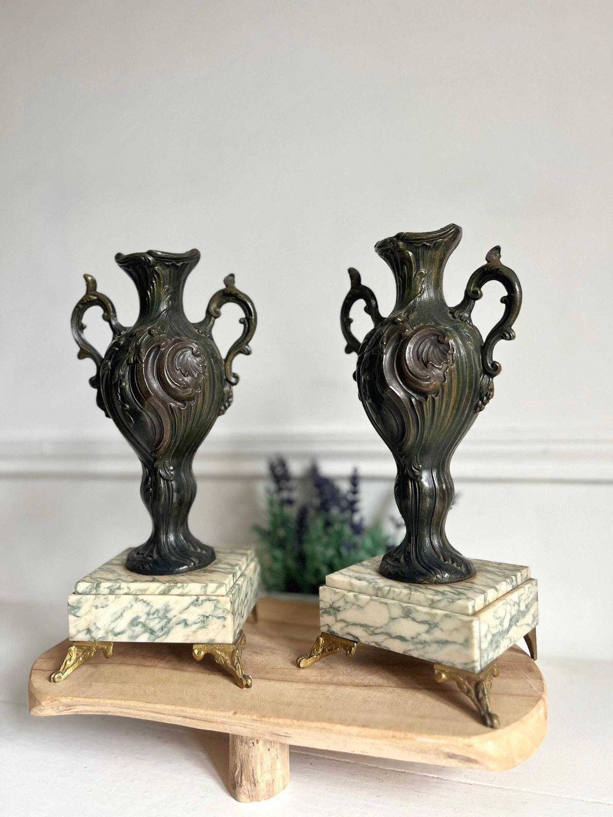 Antique French Spelter Vases: Marble Base Chateau Urns