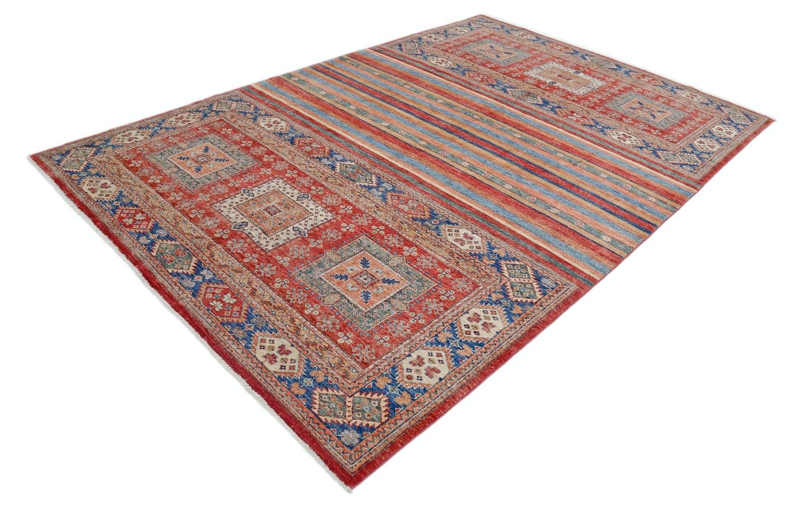 6.7x10 Ft Hand Knotted Tribal Red And Blue Area Rug, Geometric Striped Design photo furniture