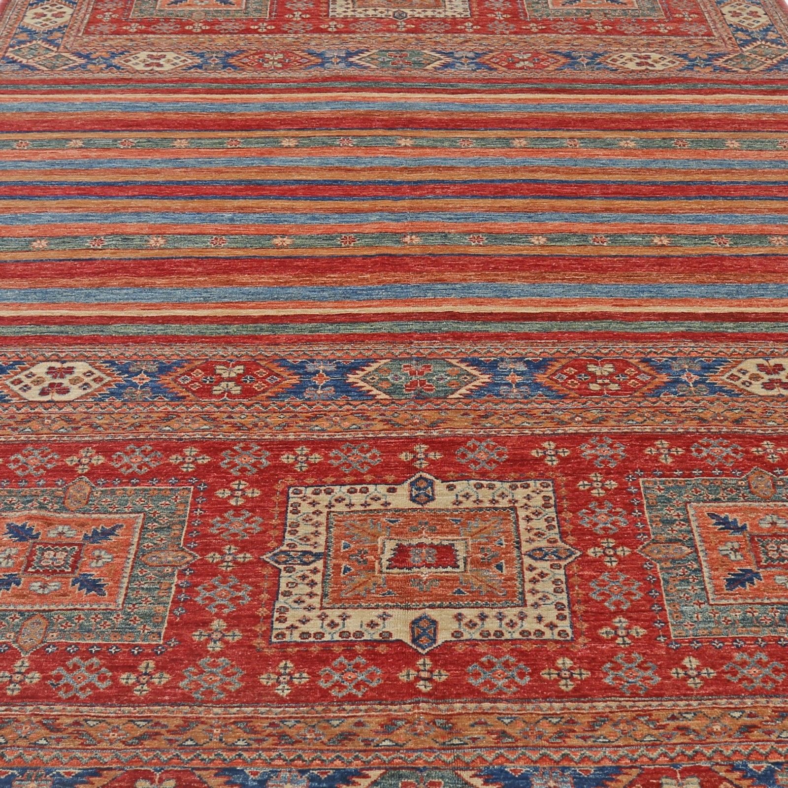 6.7x10 Ft Hand Knotted Tribal Red And Blue Area Rug, Geometric Striped Design photo buy