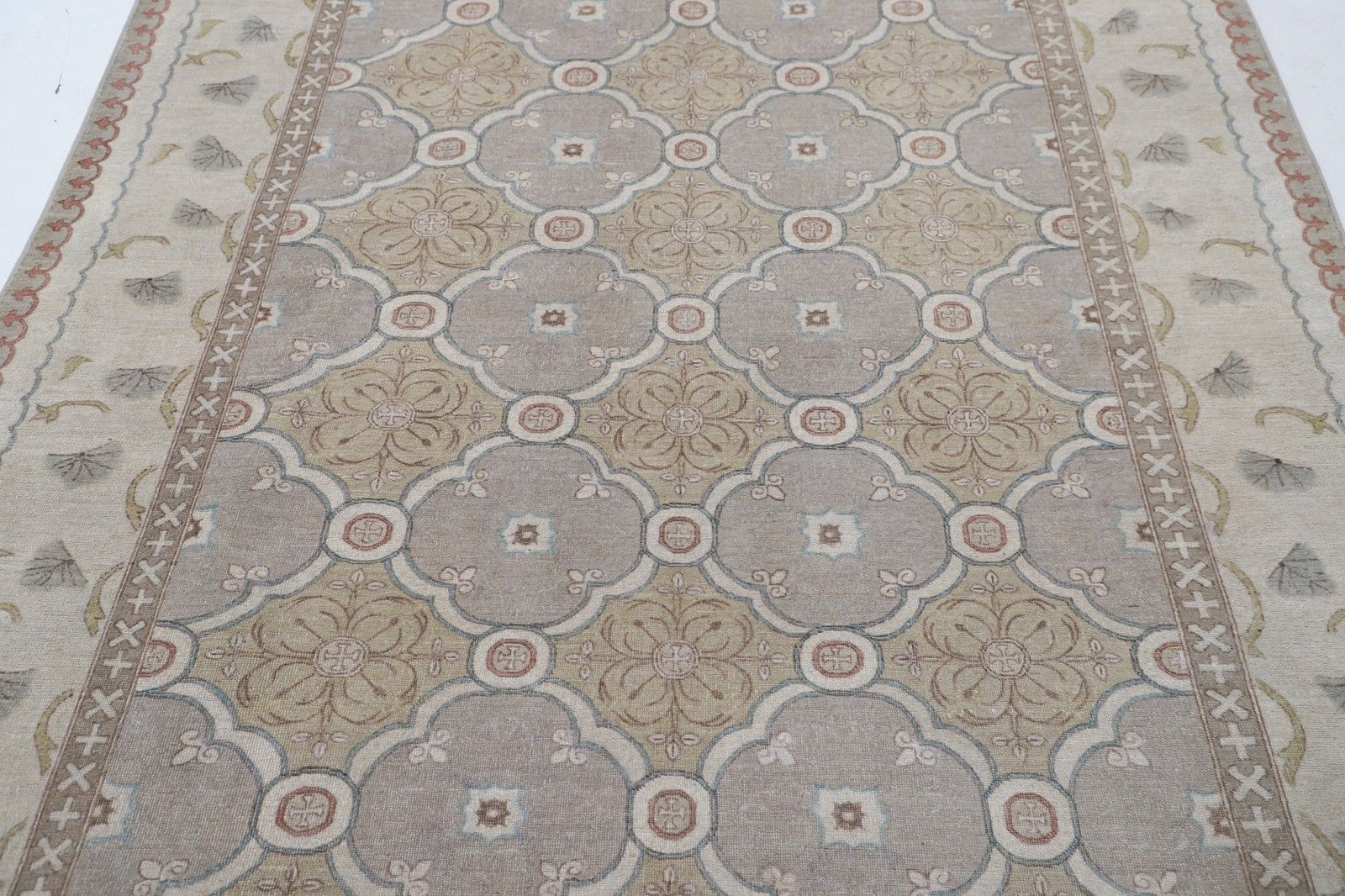 6x8.8 Ft Hand Knotted Ivory, Blush, Light Blue Area Rug With Geometric Design photo for sale