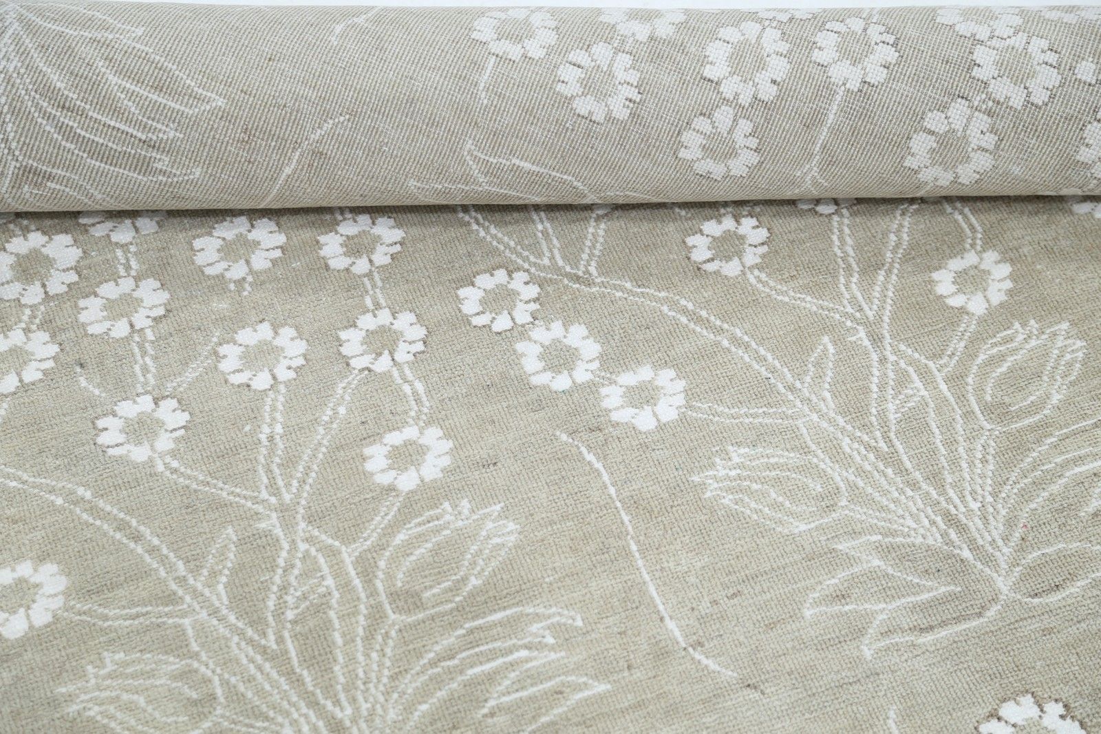 Tapis floral noué à la main 5,5 x 9,2 ft, tapis de laine beige, motif botanique photo 3039.0