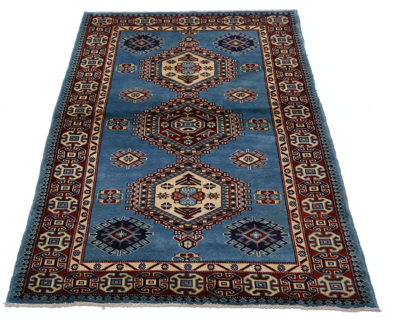 Tapis d'accent en laine noué à la main, bleu clair, rouge et ivoire, de style tribal, 97 x 145 cm photo Textiles