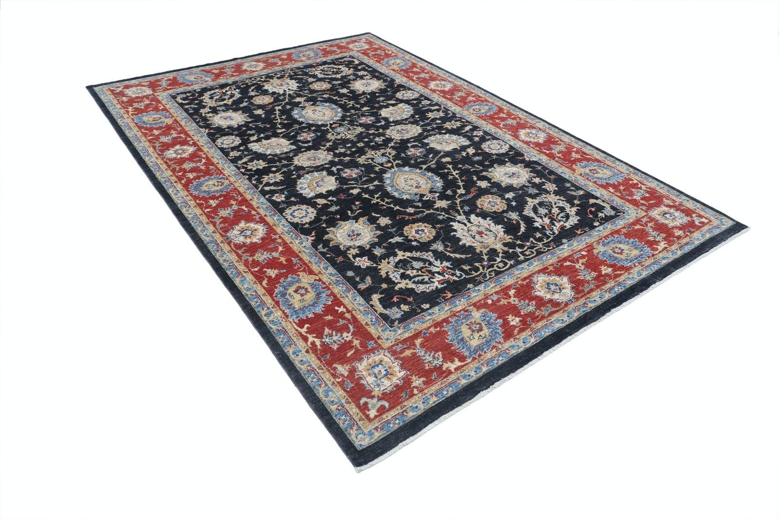 Tapis turc à motifs floraux noué à la main, fond noir et bordure rouge, 2 x 2,95 m photo furniture