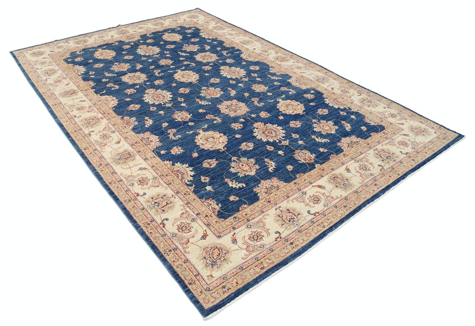 6.8x9.7 Ft Hand Knotted Navy Blue & Ivory Turkish Rug. Traditional Floral Carpet photo furniture
