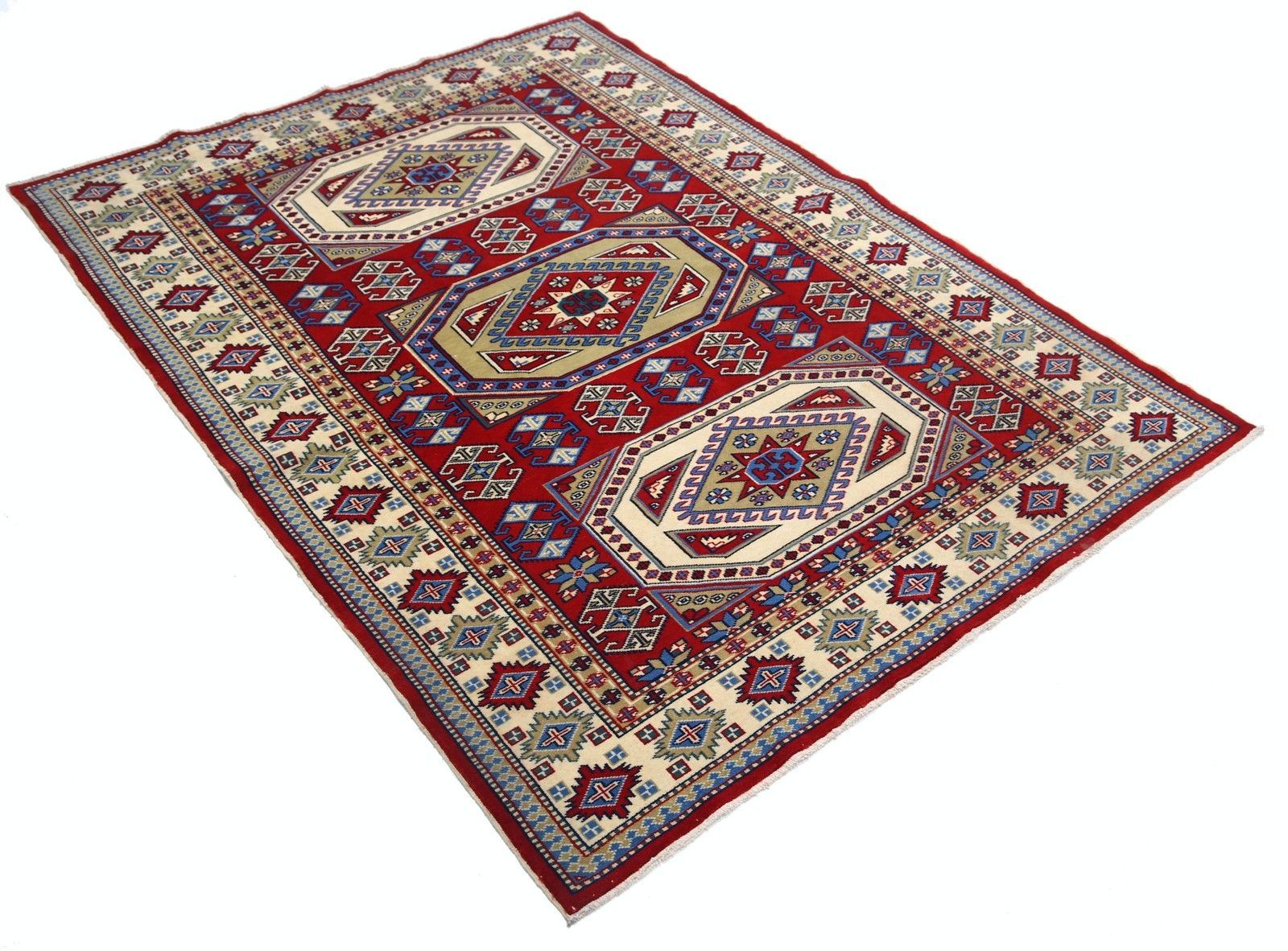 Tapis d'appoint en laine noué à la main, rouge, bleu marine, ivoire et bleu clair, 1,27 x 1,76 m photo furniture